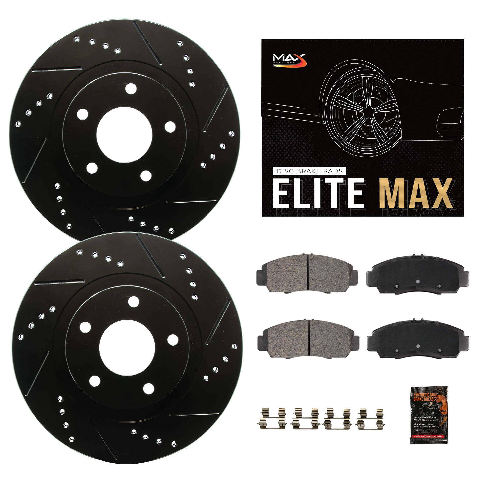 Max Advanced Brakes Front Brake Kit Compatible With 2013 2014 2015 2016 2017 2018 Hyundai Santa Fe Sport Replacement Drilled Slotted Black Coated Disc Brake Rotors And Ceramic Brake Pads
