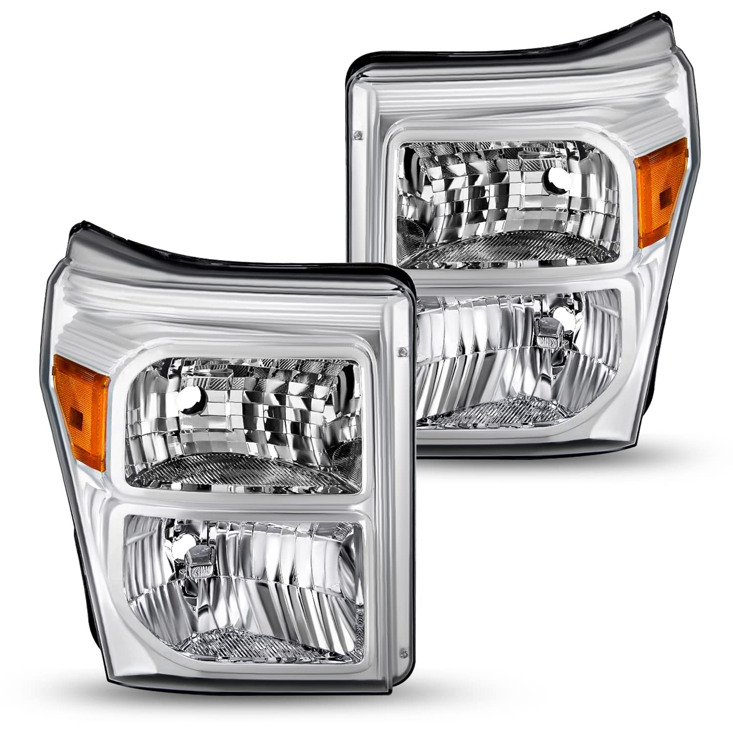 Sockir Headlight Assembly Set For 2011-2016 Ford F-250 F-350 F-450 F-550 Super Duty Passenger And Driver Side (Chrome Housing With Amber Reflector)