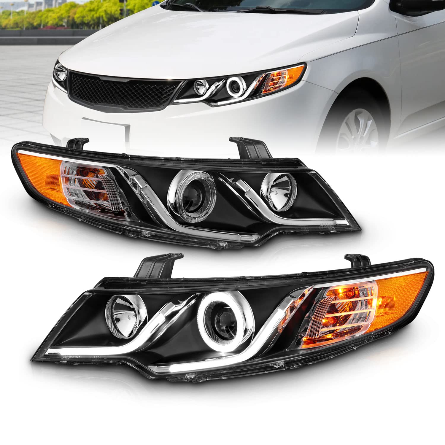 Amerilite For 2010-2013 Forte Koup Dual Led Halos + Tube Black Replacement Projector Headlights Pair - Passenger And Driver Side