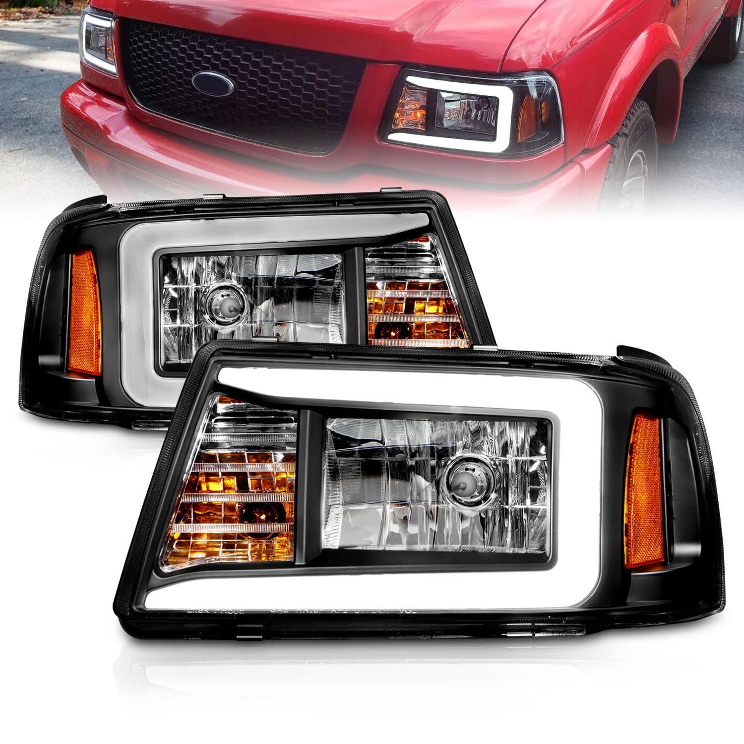 Amerilite For 2001-2011 Ford Ranger Led, Halogen, Tube Replacement Pickup Truck Headlights With Corner Lamp Set - Passenger And Driver Side, Vehicle Light Assembly, Black