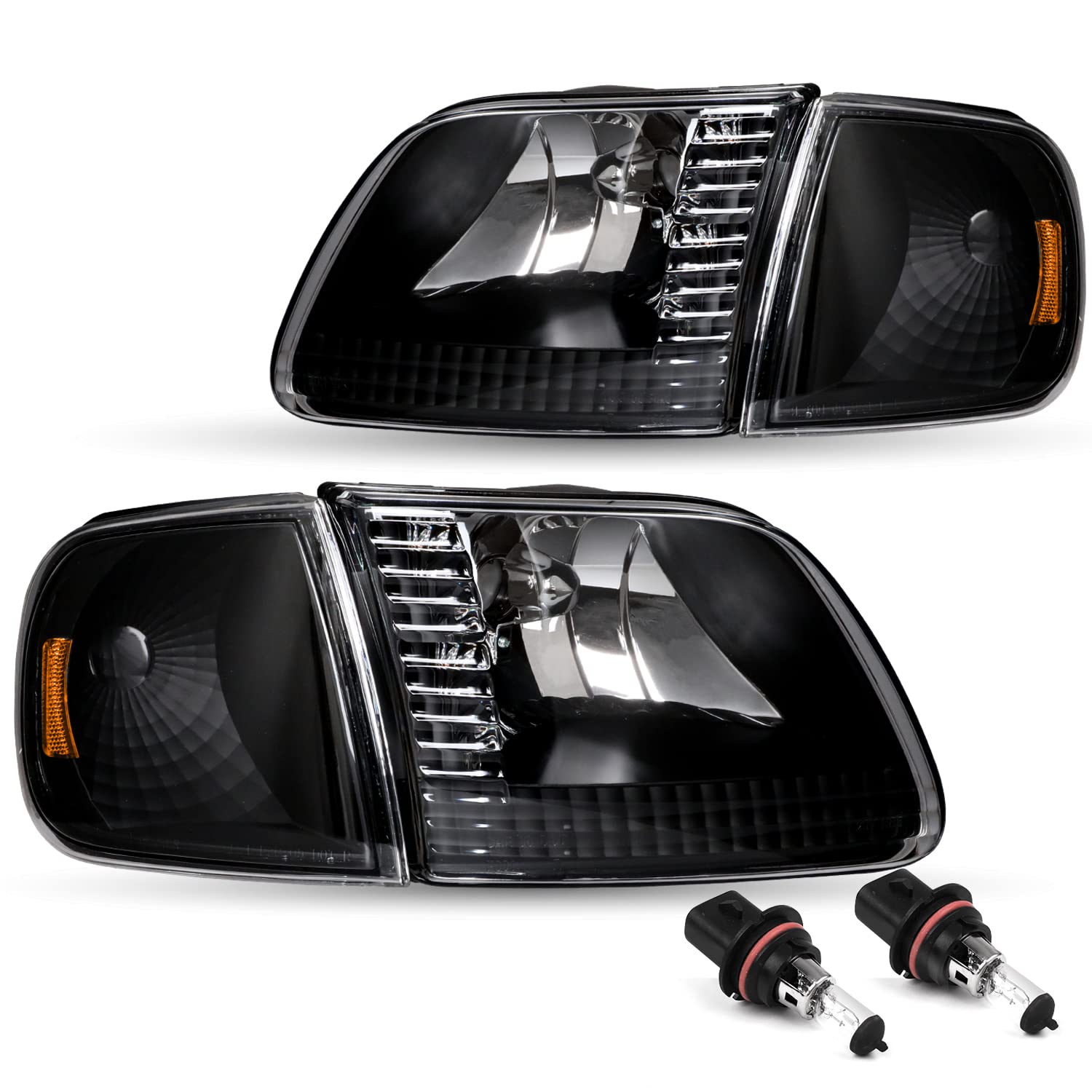 Jsboyat Headlight Assembly W/Bulbs Compatible With 97-03 Ford F-150, 04 Ford F150 Heritage, 97-02 Ford Expedition, 97-99 F250 Headlamp With Corner Light 4Pcs, Black Housing With Amber Reflector