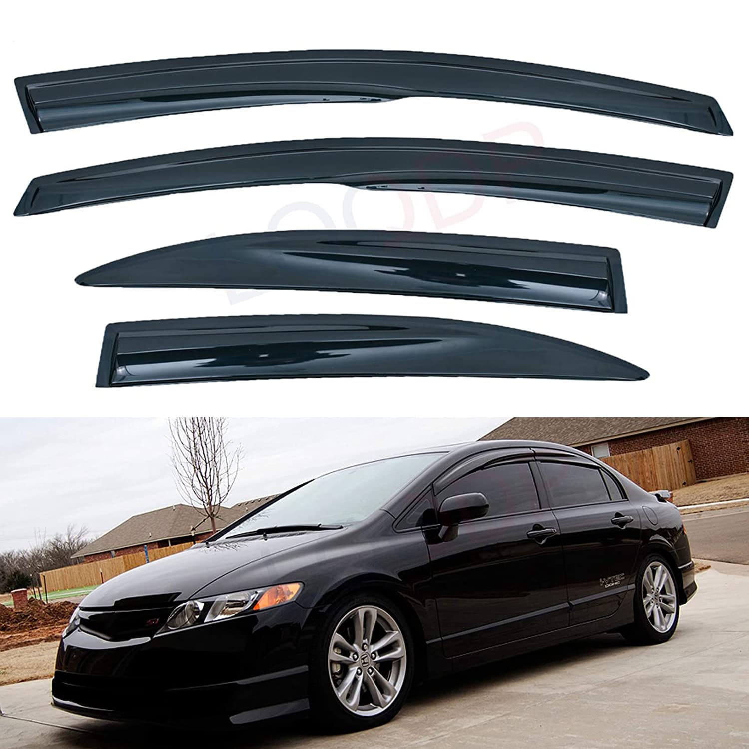 Lqqdp Set Of 4 Jdm 3D Wavy Mu Style Front+Rear Smoke Sun/Rain Guard Outside Mount Tape-On Acrylic Window Visors Compatible With 06-11 Civic 4-Door Sedan