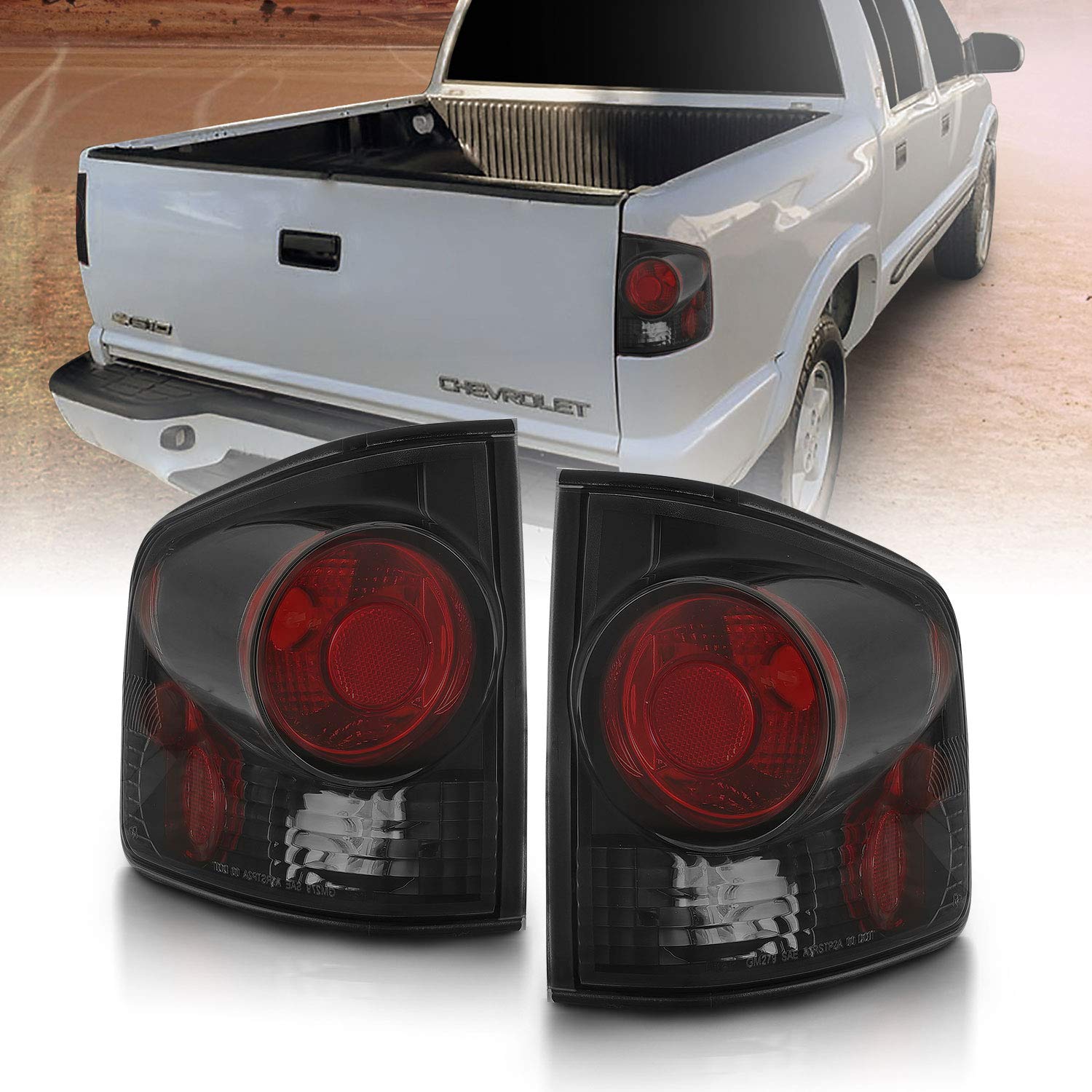 Amerilite For 94-04 Chevy S-10 / Gmc Sonoma / 96-00 Isuzu Hombre Smoke Dark Black Replacement Brake Lamp Tail Lights Assembly Set - Passenger And Driver Side
