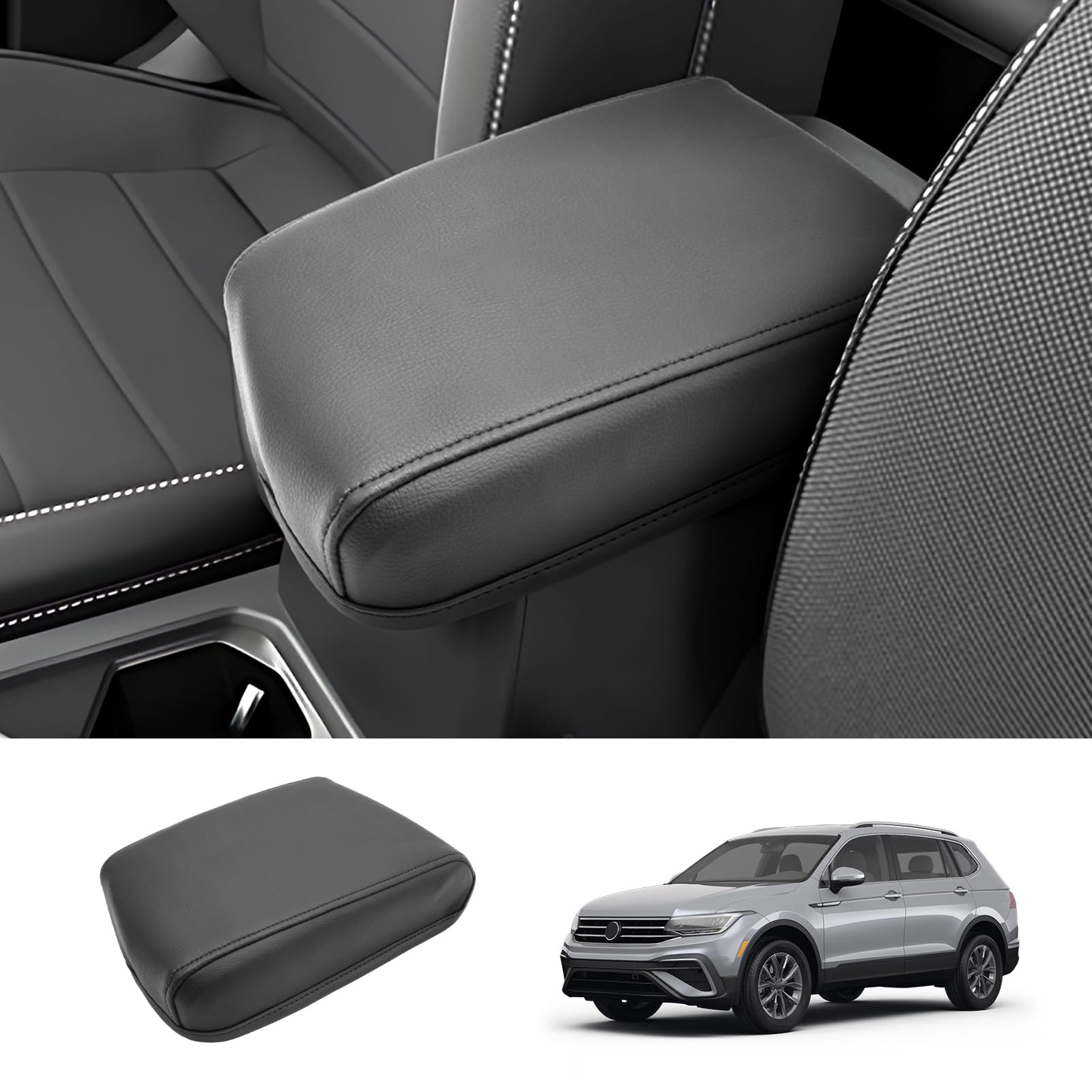 Coleya Waterproof Leather Center Console Cover for 2018-2024 VW Tiguan S/SE/SEL R-Line, Comfy Armrest Protector, Black