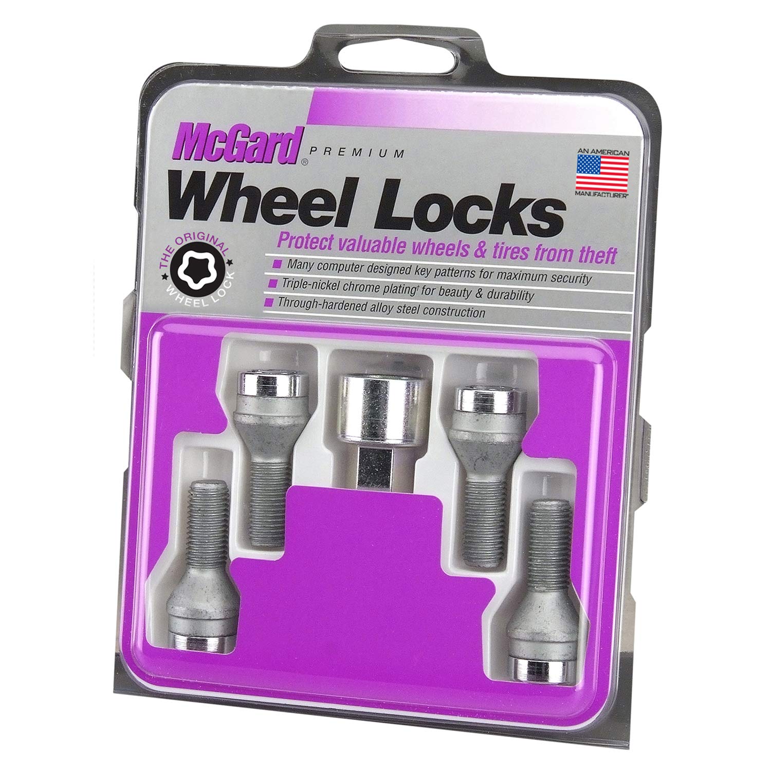 Mcgard 27186 Chrome Bolt Style Cone Seat Wheel Locks (M12 X 1.75 Thread Size) - Set Of 4, 4 Locks / 1 Key