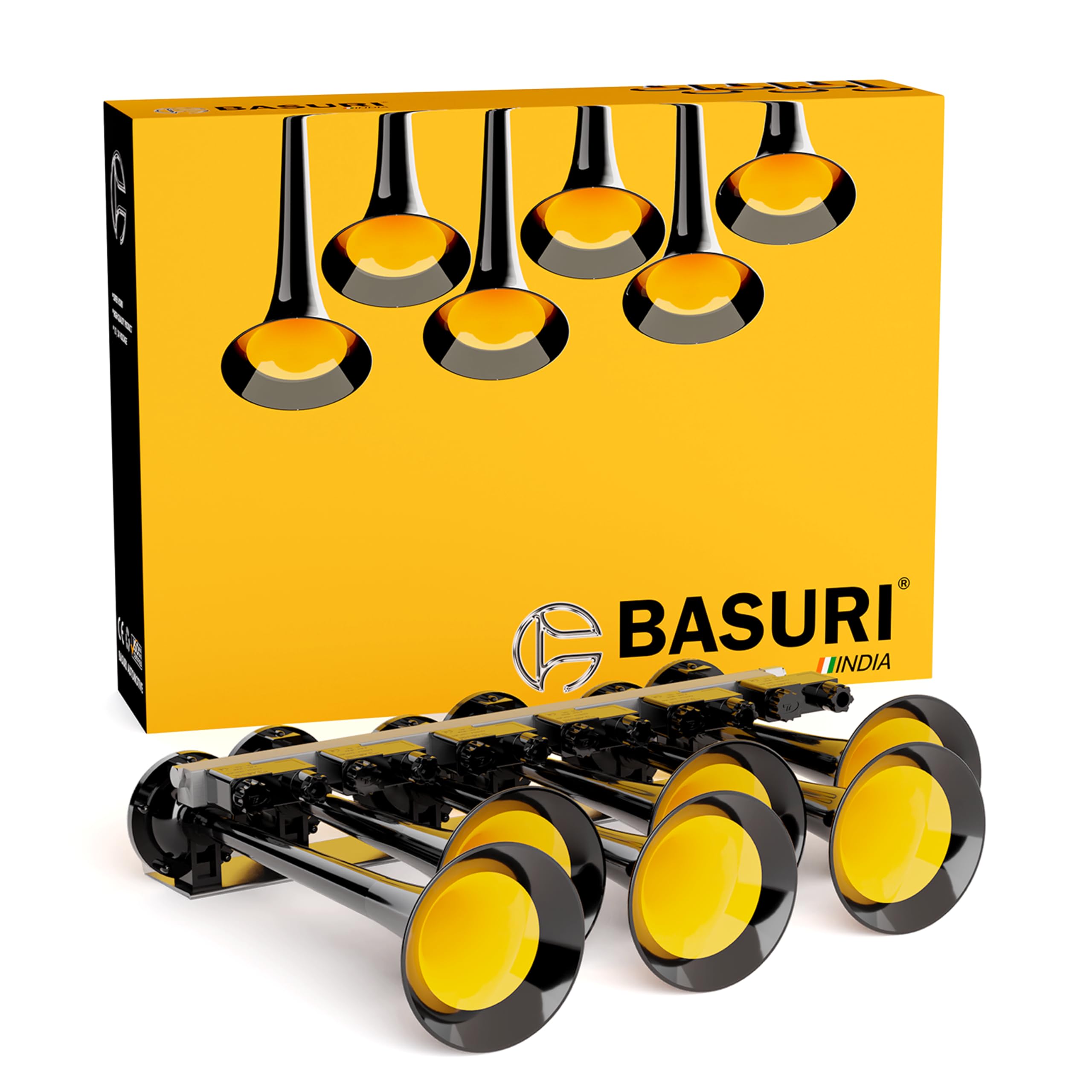 Basuri® Musical Air Horn | 12/24 Volt | 130 Db | Version (Baby Shark 2.0) 18 Super Loud Melodies (Sounds) 6 Pipe (Trumpets) With Turbo Controller For Bus, Truck And Heavy Duty Vehicles