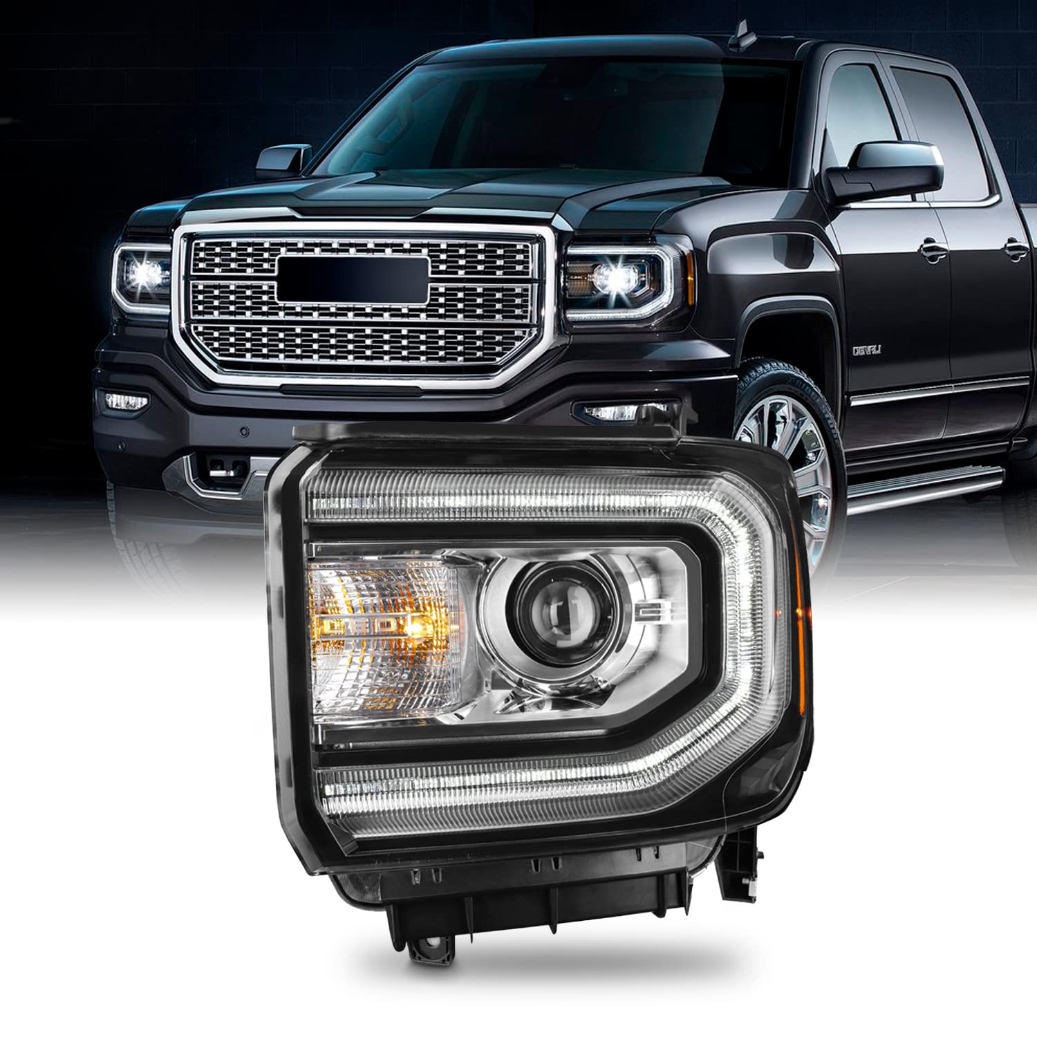 Akkon - Fit 2016-2019 Gmc Sierra [Hid/Xenon Model] W/Led Drl Projector Headlights Lamps Oe Style Left Driver