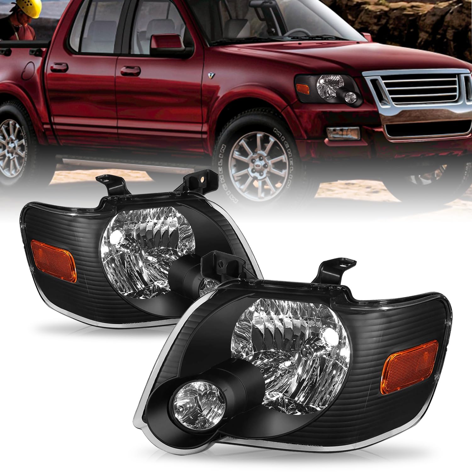 Sockir Headlight Assembly Replacement For 2006 To 2010 Ford Explorer Front Headlamp Pair Driver Passenger Side (Black Housing With Amber Reflector)