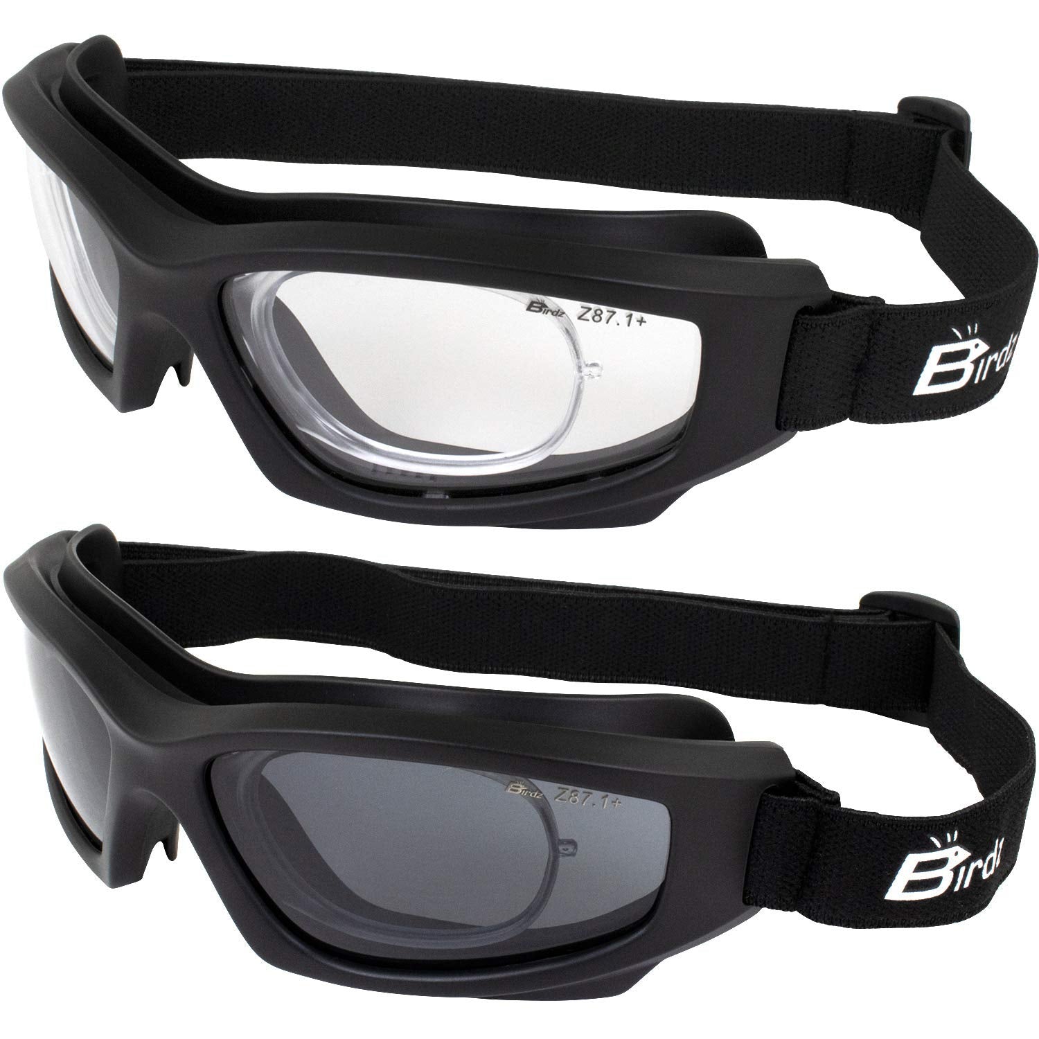 Birdz Eyewear Flyer Sports Skydiving Goggles 2 Pairs Ansi Z81+ Super Seal Safety Goggles With Clear & Smoke Lenses & Rx Adaptors