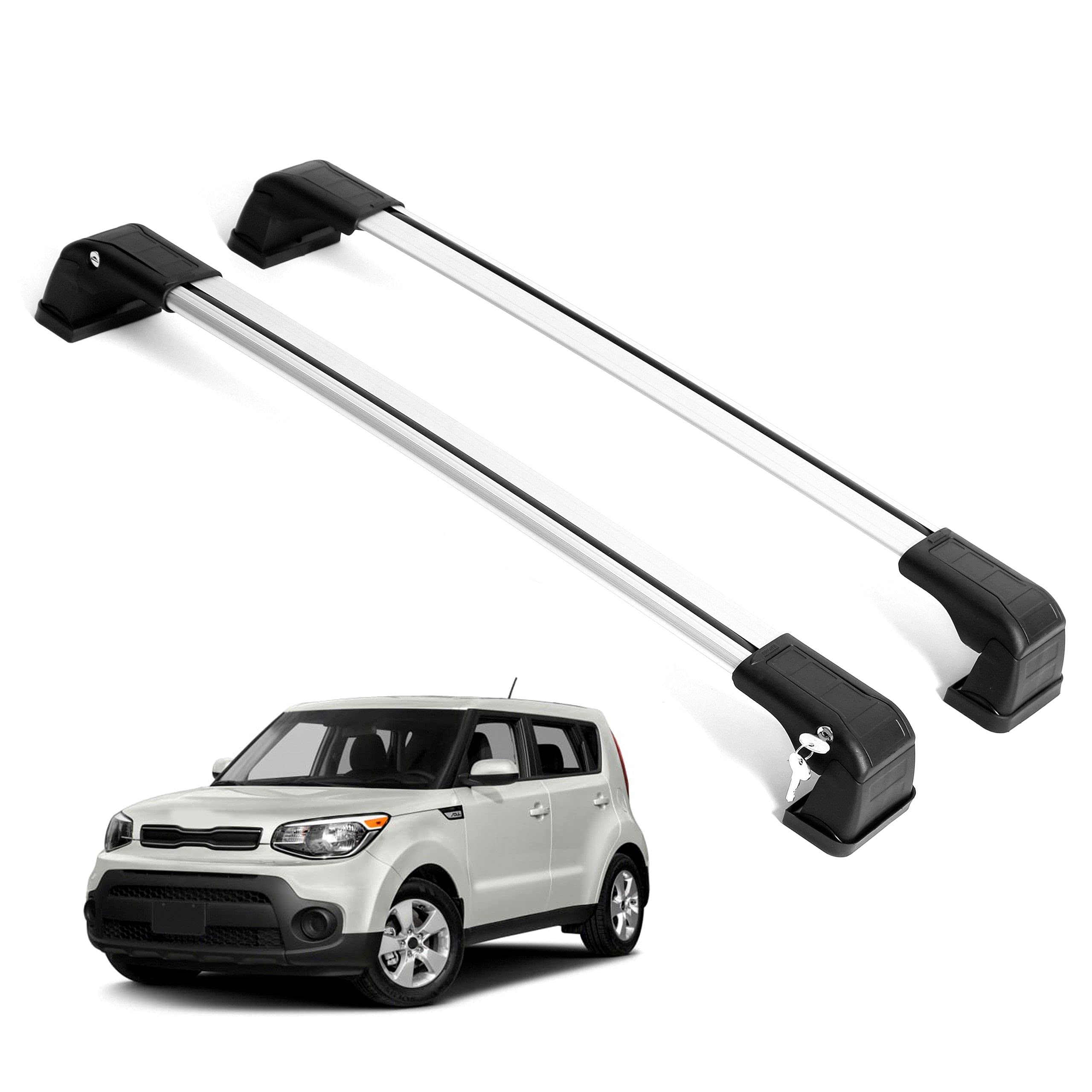 Erkul Heavy Duty 220Lb Roof Rack Cross Bars For Kia Soul 2014-2019 | Aluminum Crossbars With Anti Theft Lock For Rooftop | Compatible With Fixed Points Roofs - Silver