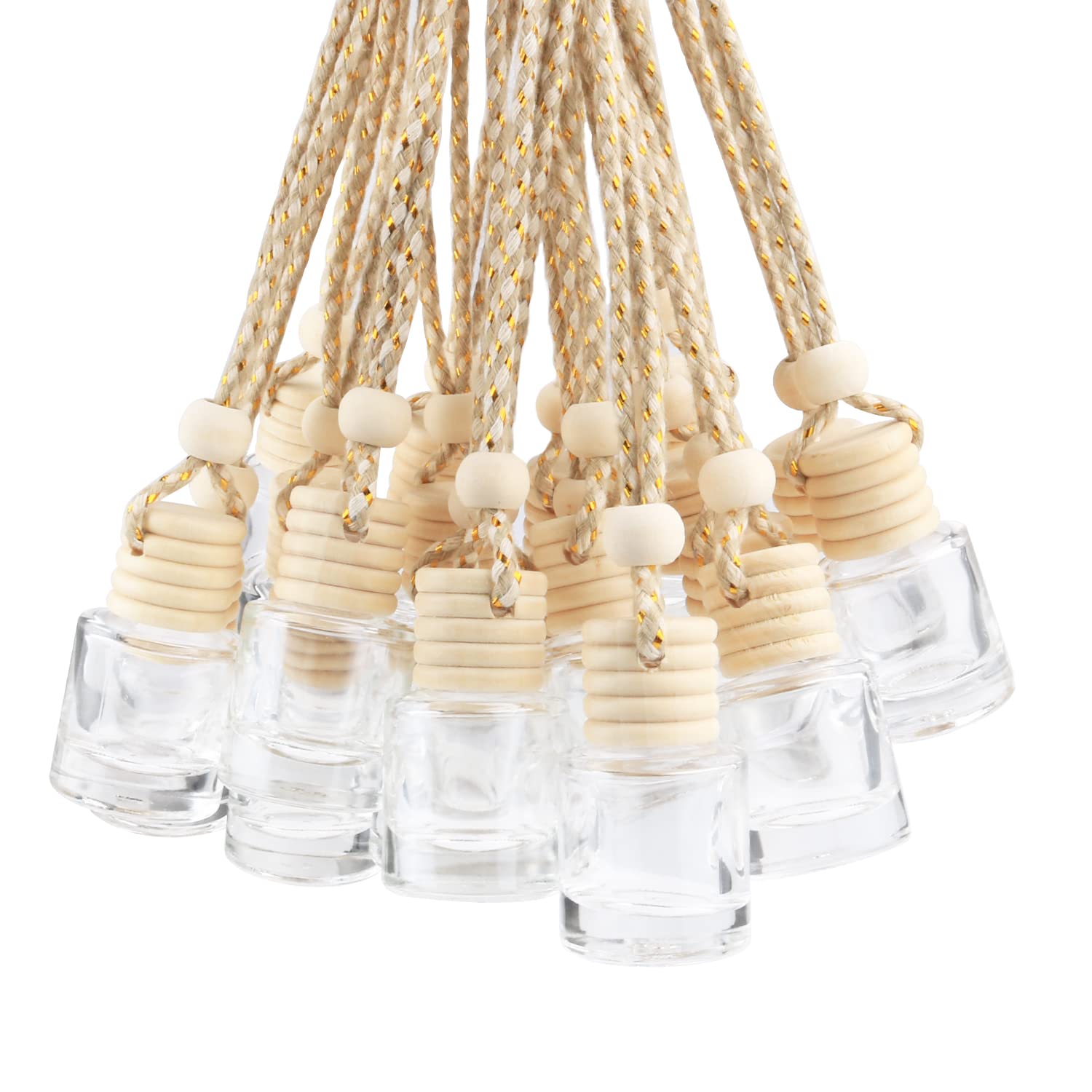 Dmuuudm 20 Pcs 8Ml Hanging Car Air Freshener Diffuser,Empty Clear Glass Essential Diffuser Oil Aromatherapy Fragrance Perfume Pendant Glass Vials With Wooden Caps & Hanging String,Cylindrical