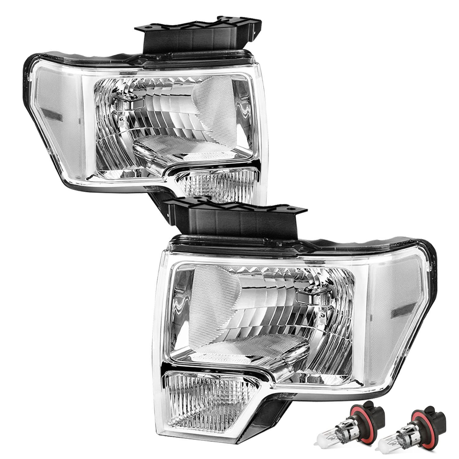 Jsboyat Headlight Assembly Replacement For 2009-2014 Ford F150 Pickup Passenger & Driver Side, Chrome Housing With Amber Reflector
