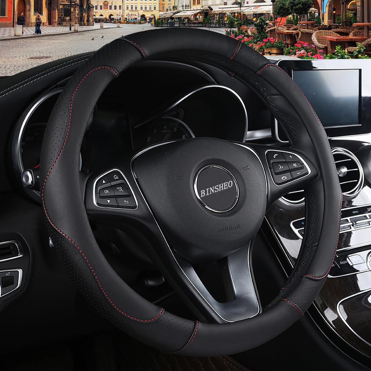 Binsheo Automative Car Steering Wheel Cover 15 Inch Comfort Durability Safety Anti-Slip,Black