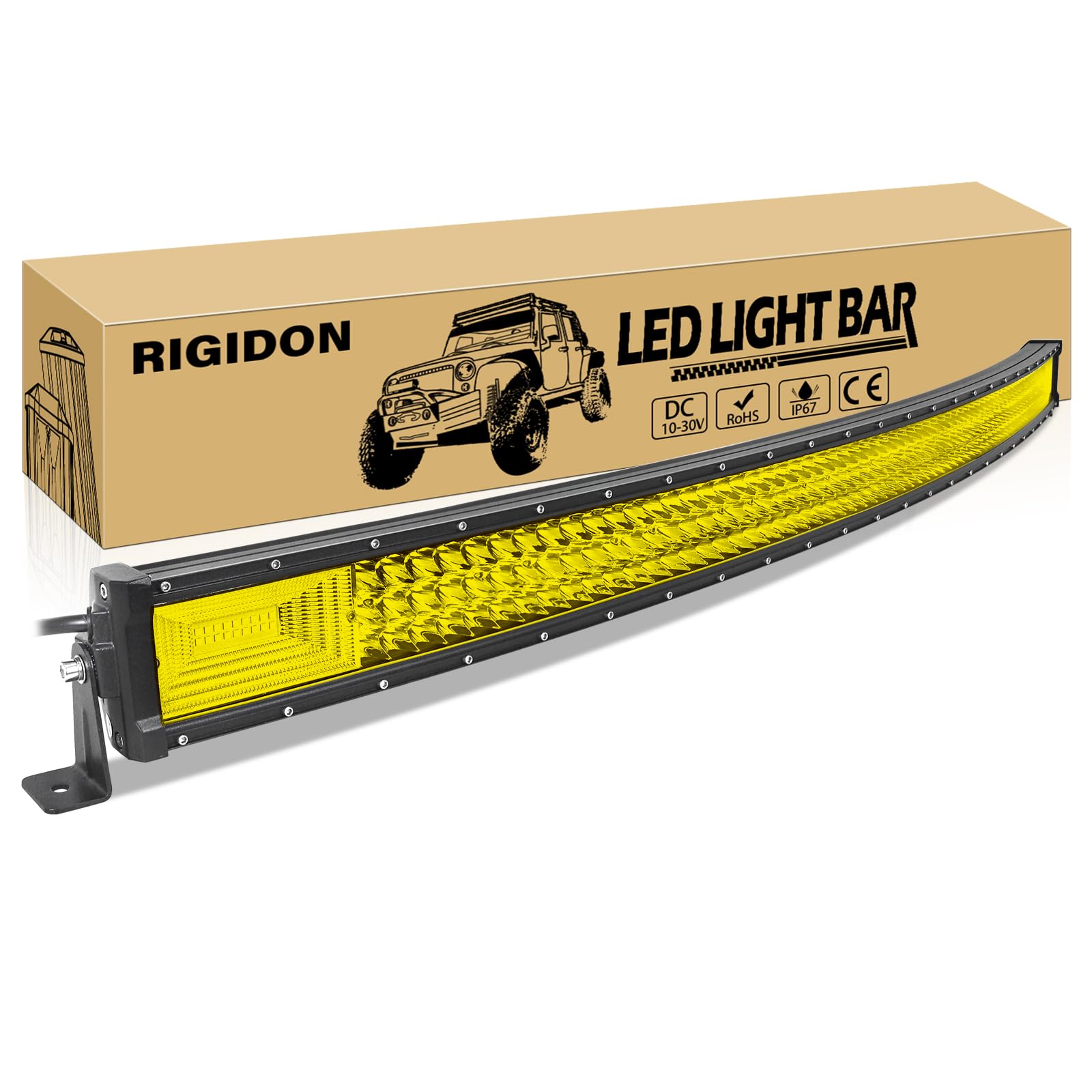 Rigidon 52 Inch 675W Curved Amber Led Light Bar, Triple Row Flood Spot Combo 67500Lm Light Bar Waterproof Driving Boat Offroad Led Work Light For Atv Utv Truck Roof Bumper
