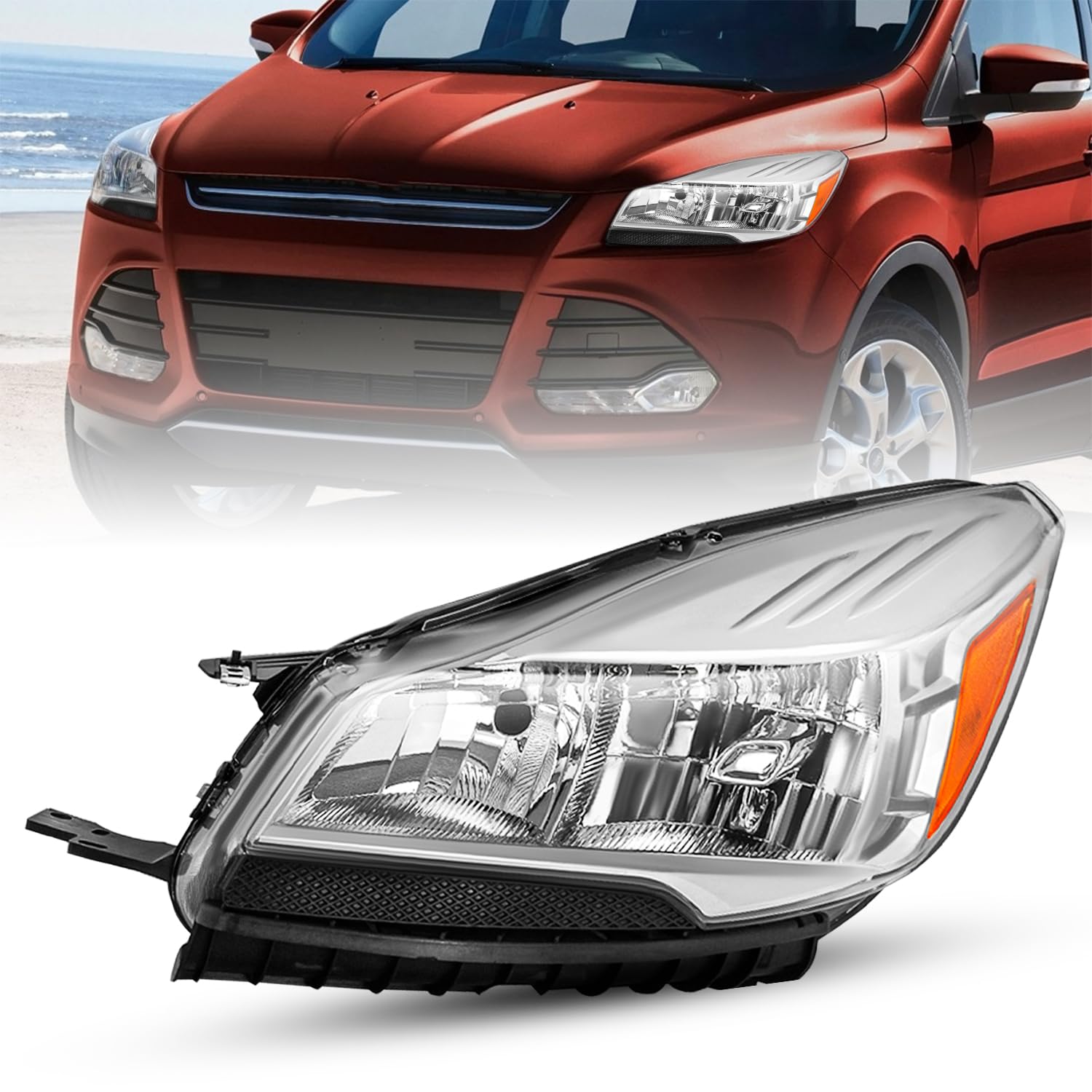 Sockir Headlight Compatible With 2013-2016 Ford Escape Replacement Halogen Headlamp,(Chrome Housing With Amber Reflector) Driver & Passenger Side