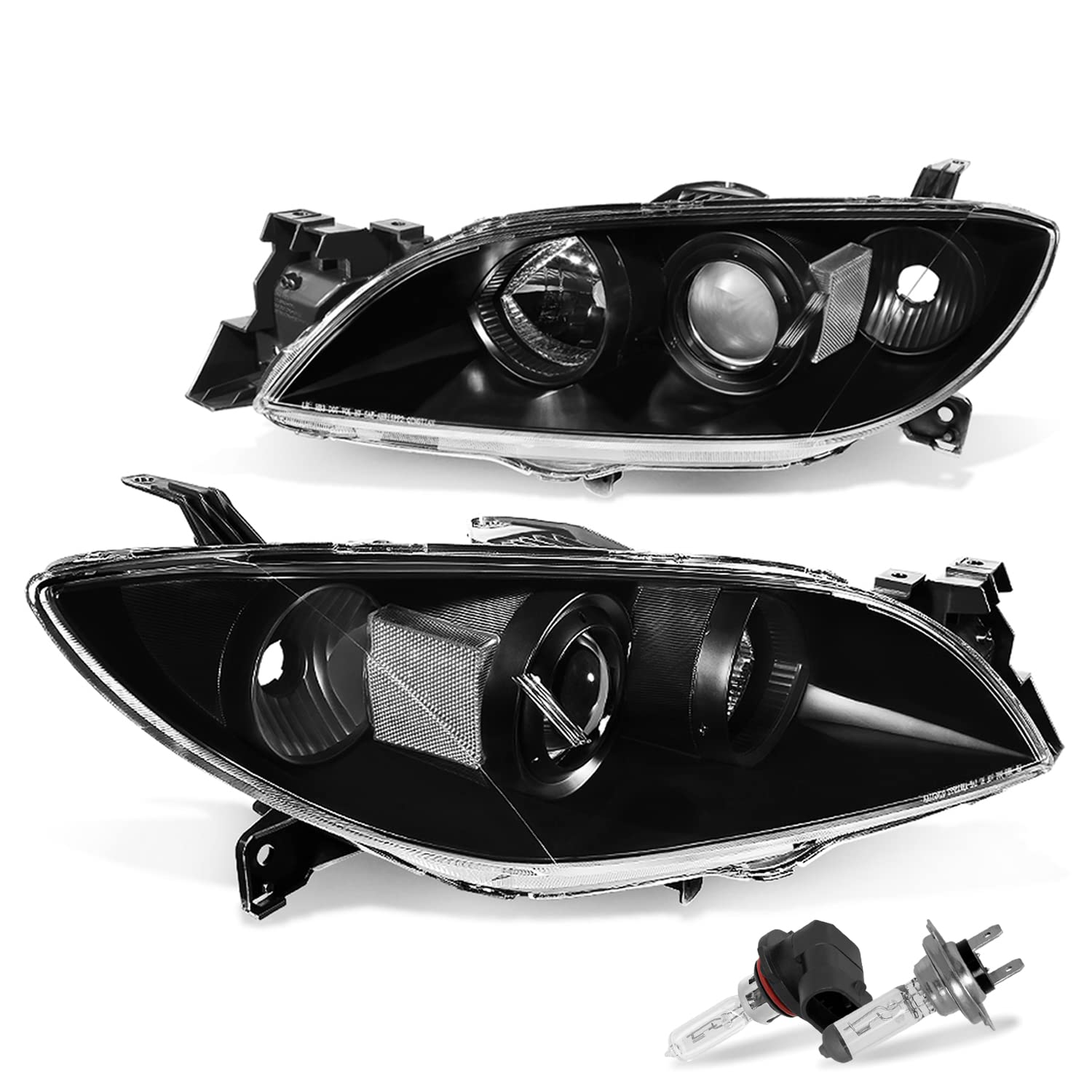 Jsboyat Halogen Headlight Assembly Compatible With 2004-2009 Mazda 3 Sedan 4-Door Driver And Passenger Side Black Housing With Clear Reflector (Bulbs Included)