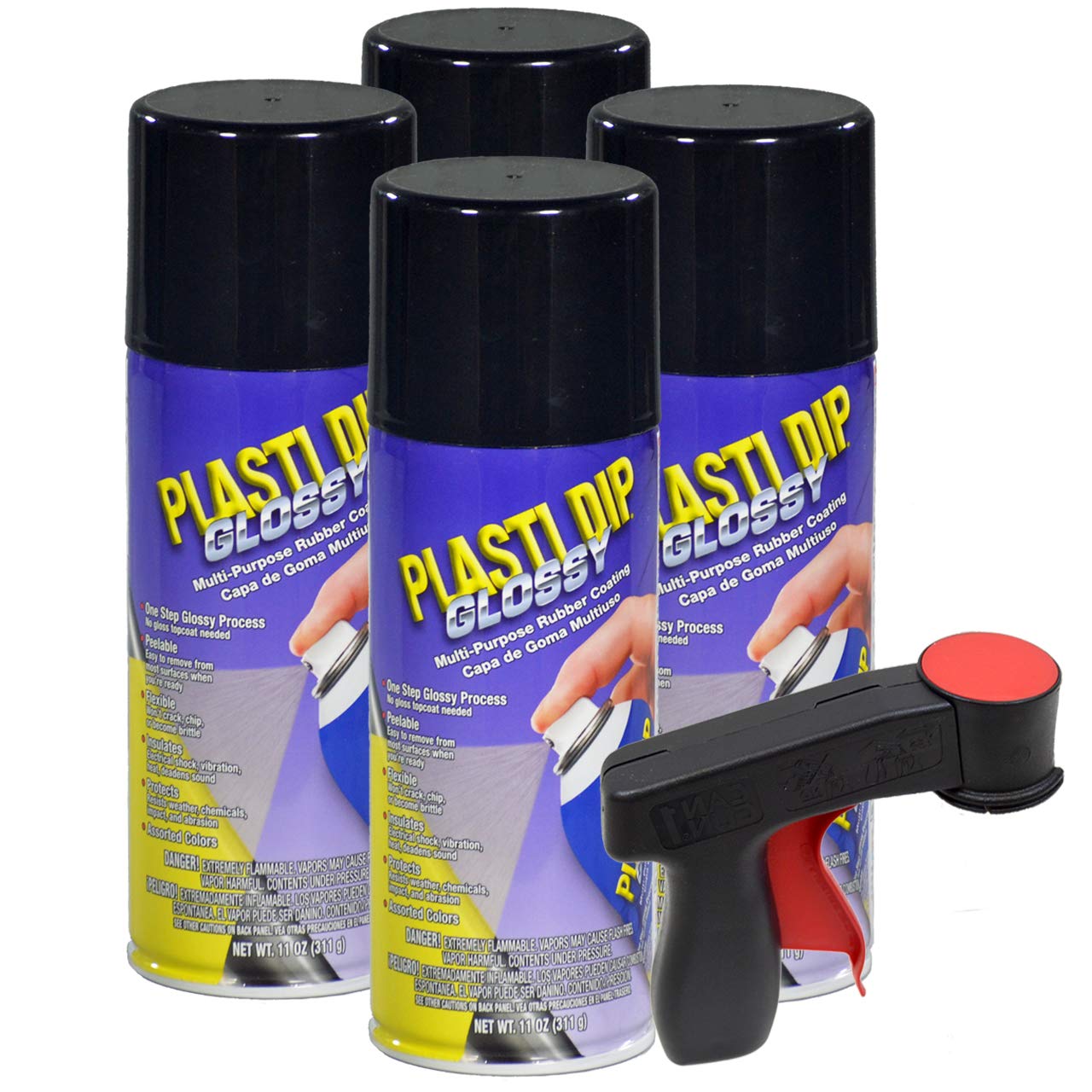 Plasti Dip Glossy Black Rim Kit, 11 Oz Aerosol, Pack Of 4 Cans With Bonus Cangun Tool - Combines Both Color Coat And Gloss Finish