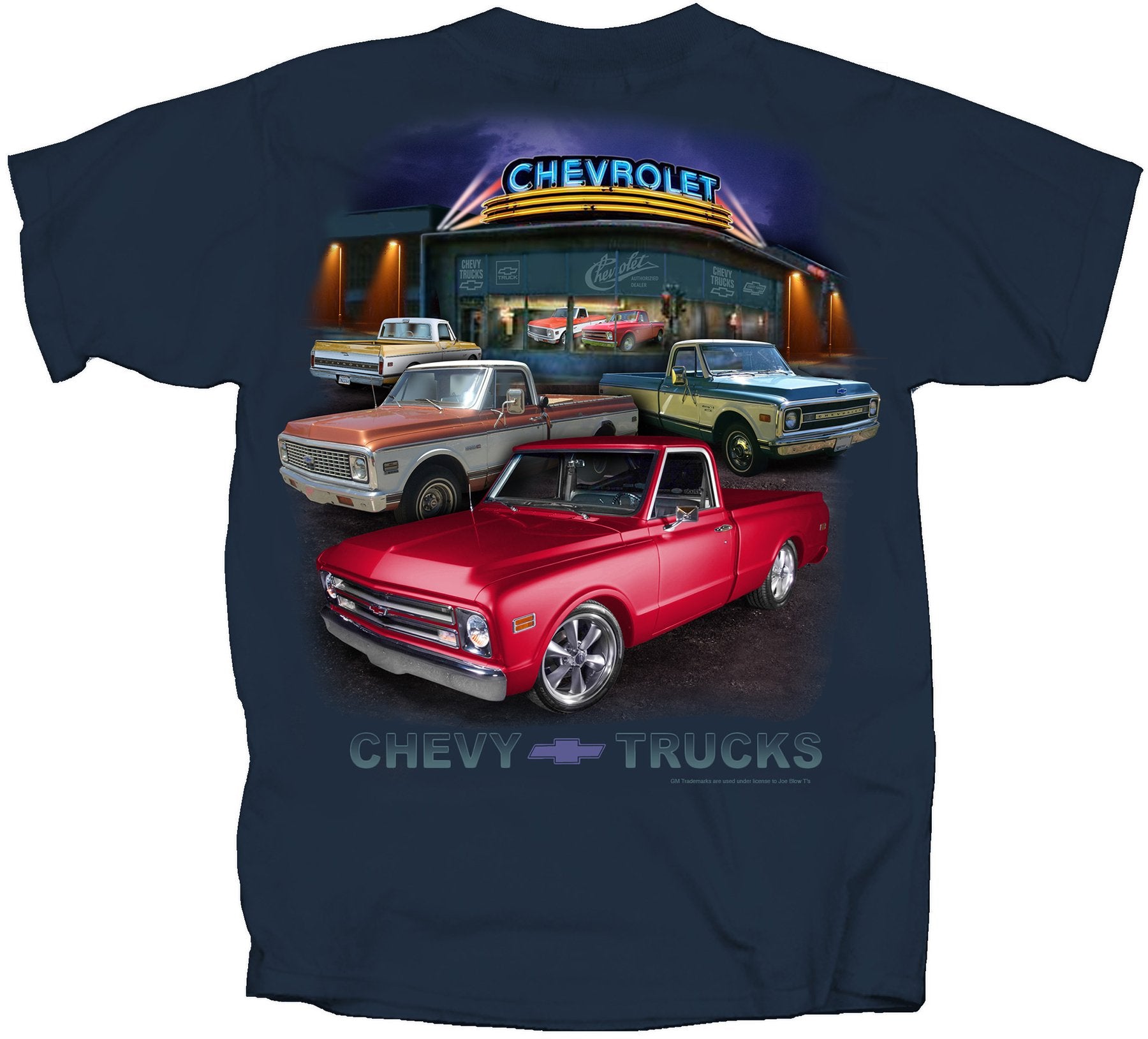 Joe Blow Gm Chevy Truck Dealer Scene 67-72 Adult T-Shirt, X-Large, Blue Dusk