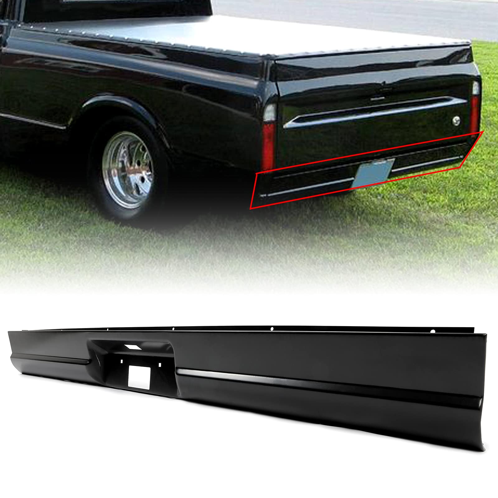 Kuafu Steel Rear Roll Pan Bumper W/License Light Compatible With 1967-1972 Chevy C10 Pickup Fleetside