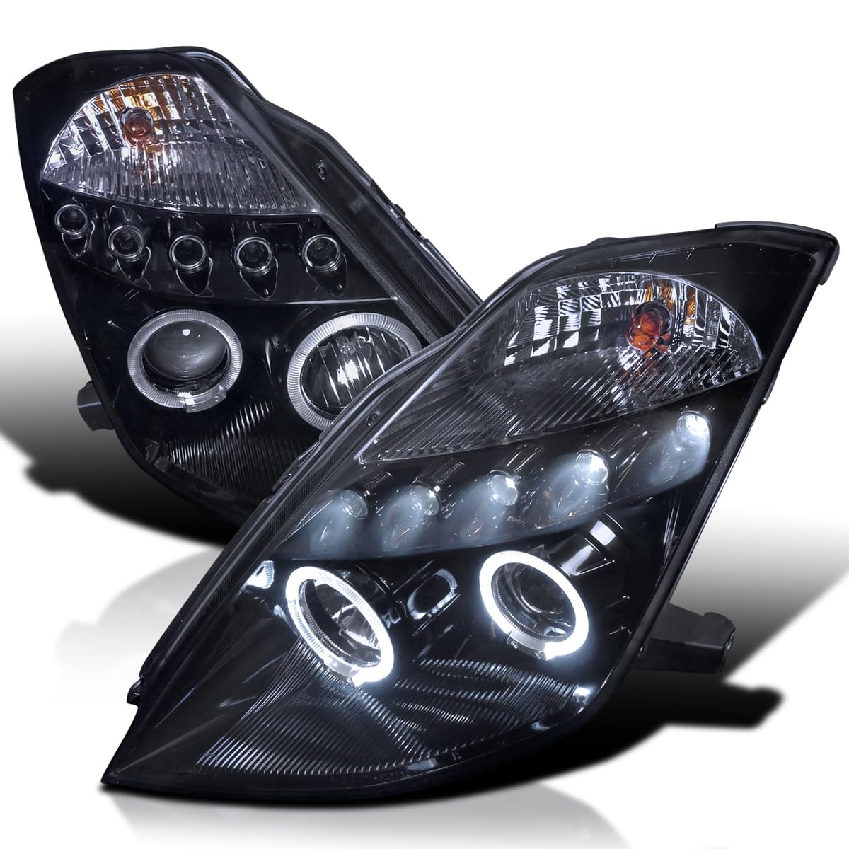 Spec-D Tuning Black Smoke Led Halo Projector Headlights Compatible With 2003-2005 Nissan 350Z, Left + Right Pair Headlamps Assembly