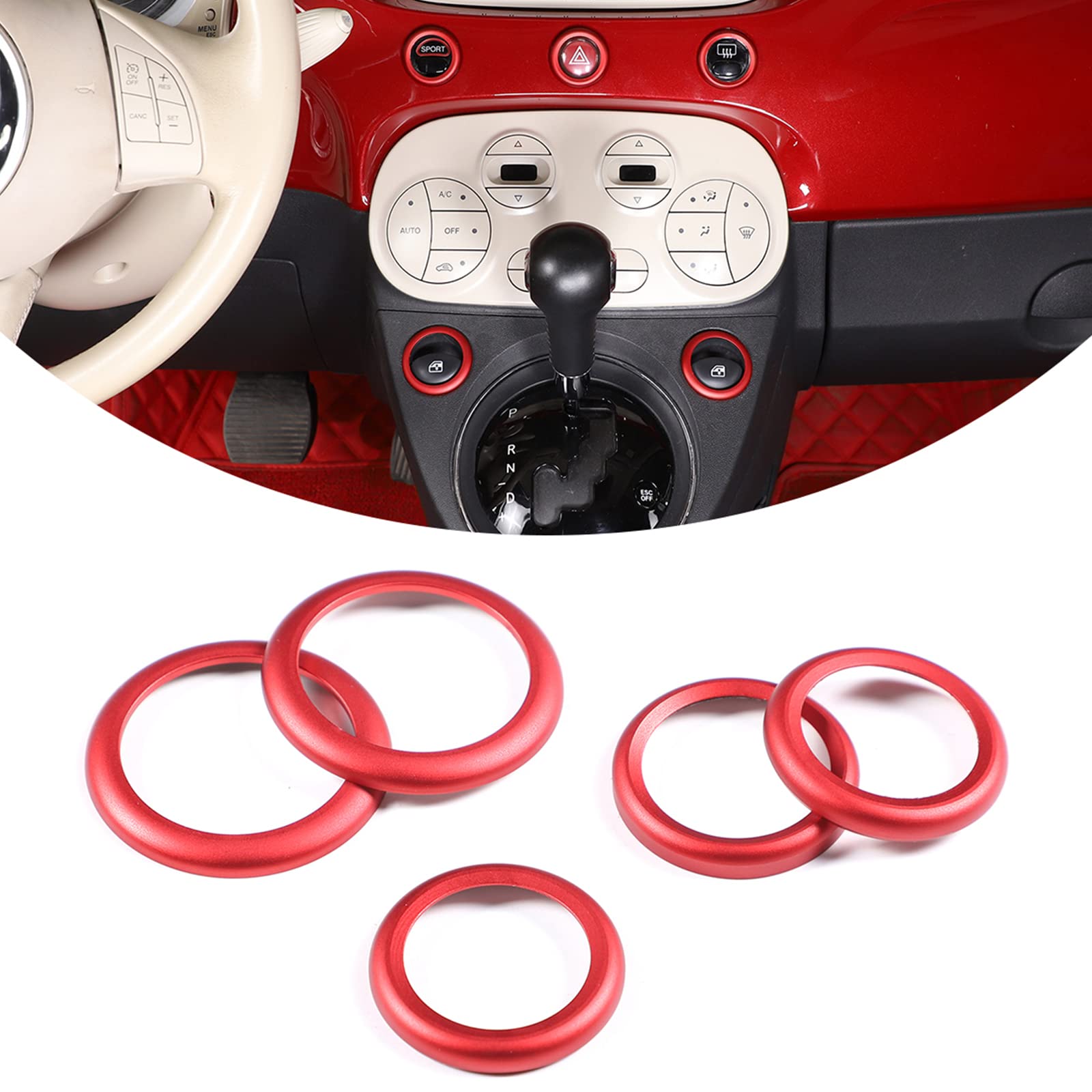 Car Aluminum Alloy Central Control Double Flashing Window Switch Lift Decorative Circle Fit For Fiat 500 Abarth 595 695 2010-2024 (Red)