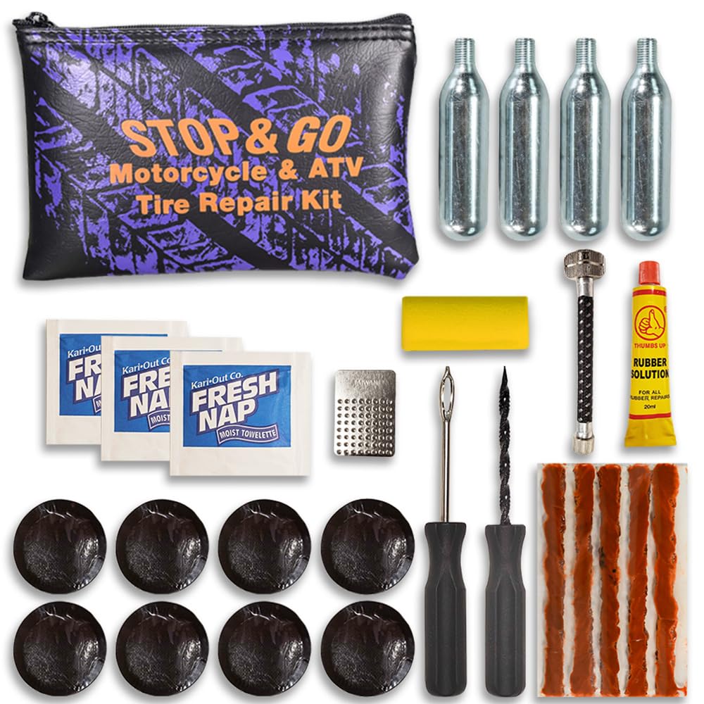 Stop & Go 1066 27 Piece Tubeless & Tube-Type Tire Repair Kit With Patches, Rope Plugs, & Co2 For Punctures And Flats On Atv & Mo