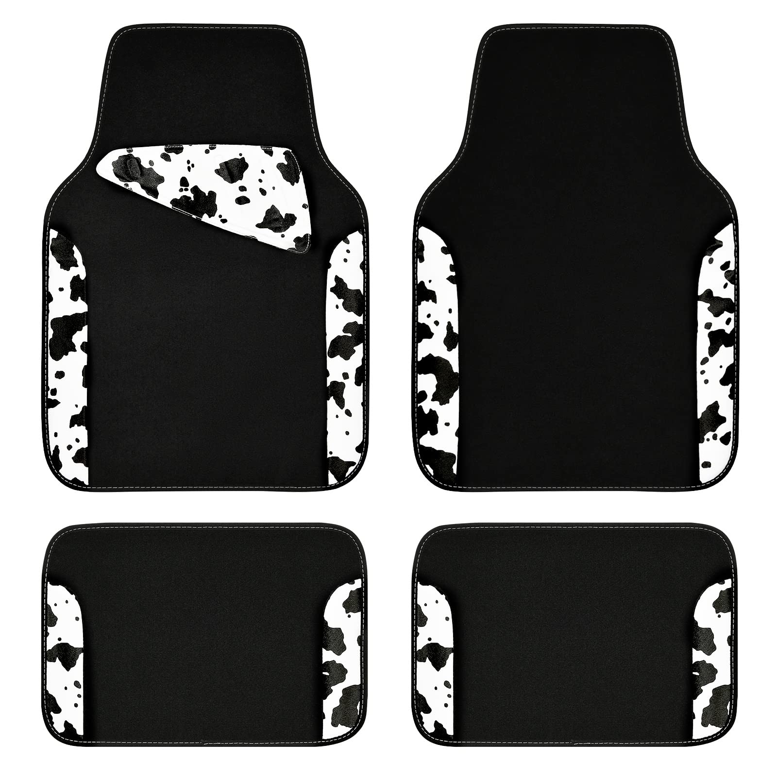 Car Pass Waterproof Universal Fit Car Floor Mats, Cow Print Car Mats Fit For Suv,Vans,Sedans, Trucks,Set Of 4Pcs Car Carpet With Driver Heel Pad And Nibs Backing,Or Cute Women Girly Funny Black White