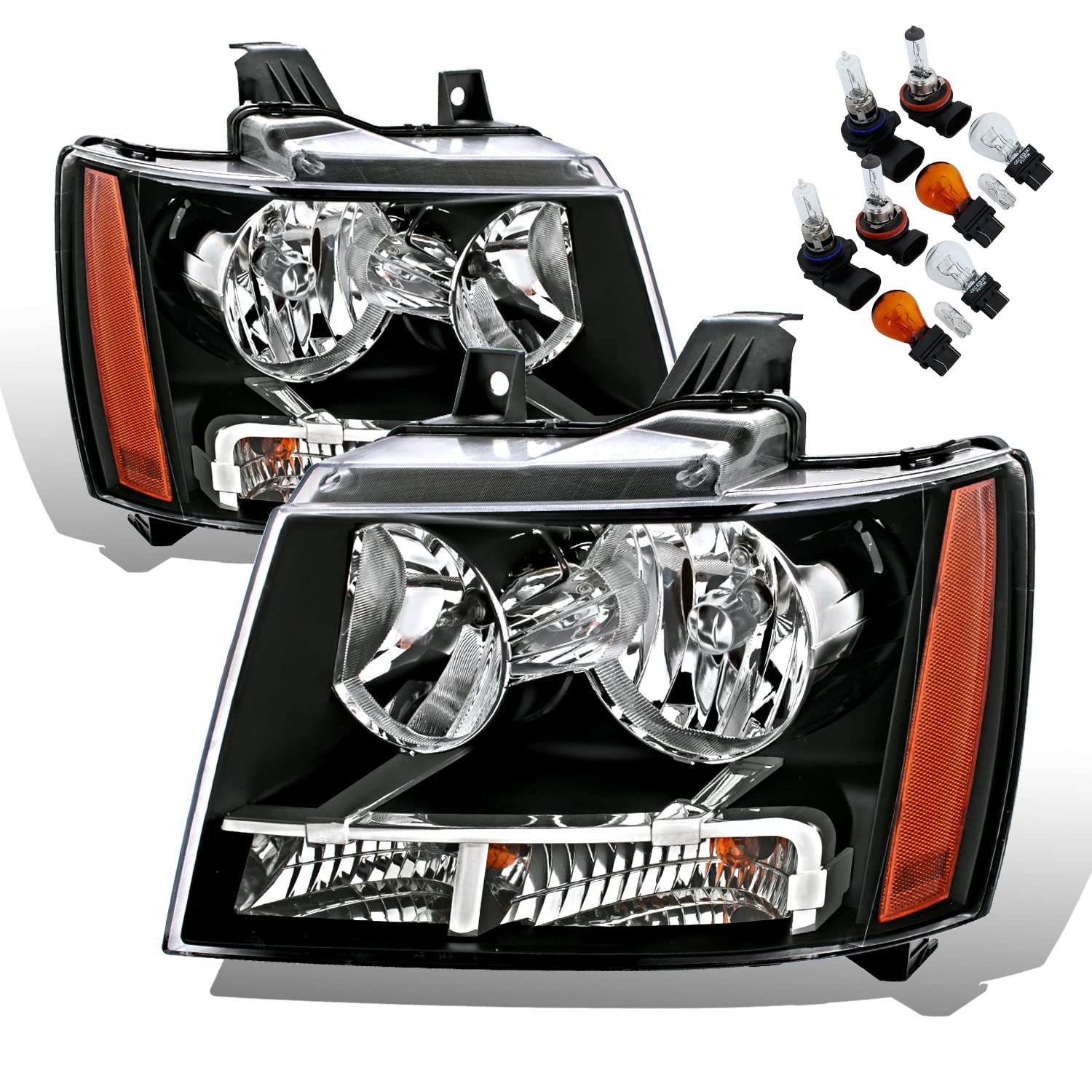 Amerilite Halogen Car Headlight Pair With Bulbs And Harness Replacement For Chevy Tahoe Suburban Avalanche - Driver And Passenger Side, Vehicle Light Assembly, Black Housing