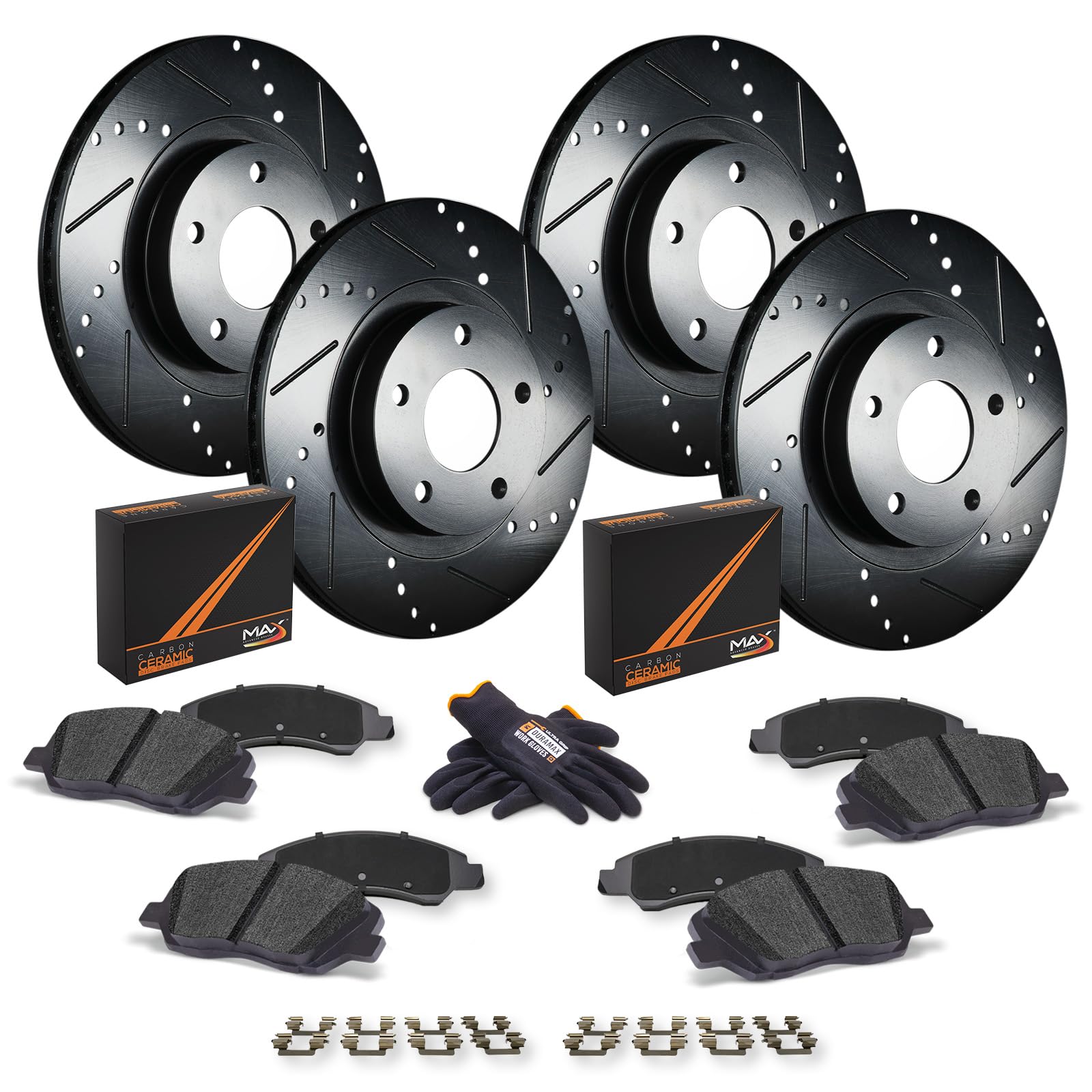 Max Advanced Brakes Front & Rear Brake Kit For 2006-2008 Dodge Ram 1500 8 Lug 2003-2008 Ram 2500 2003-2008 Ram 3500 Replacement Drilled Slotted Black Coated Disc Brake Rotors And Ceramic Brake Pads