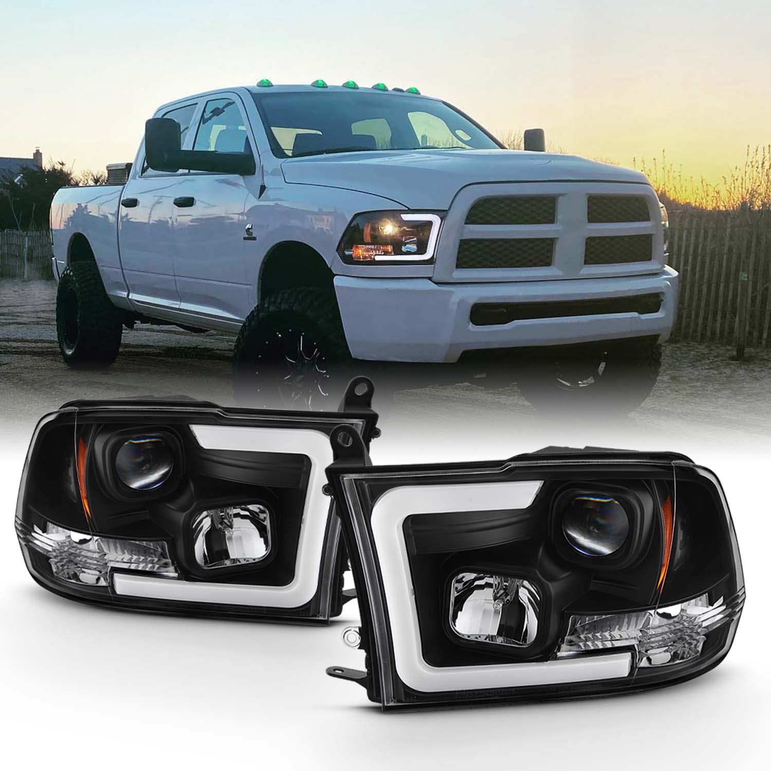 Akkon - For 2009-2018 Dodge Ram 1500 2500 3500 Truck Led Tube Black Projector Headlights Left+Right Replacement