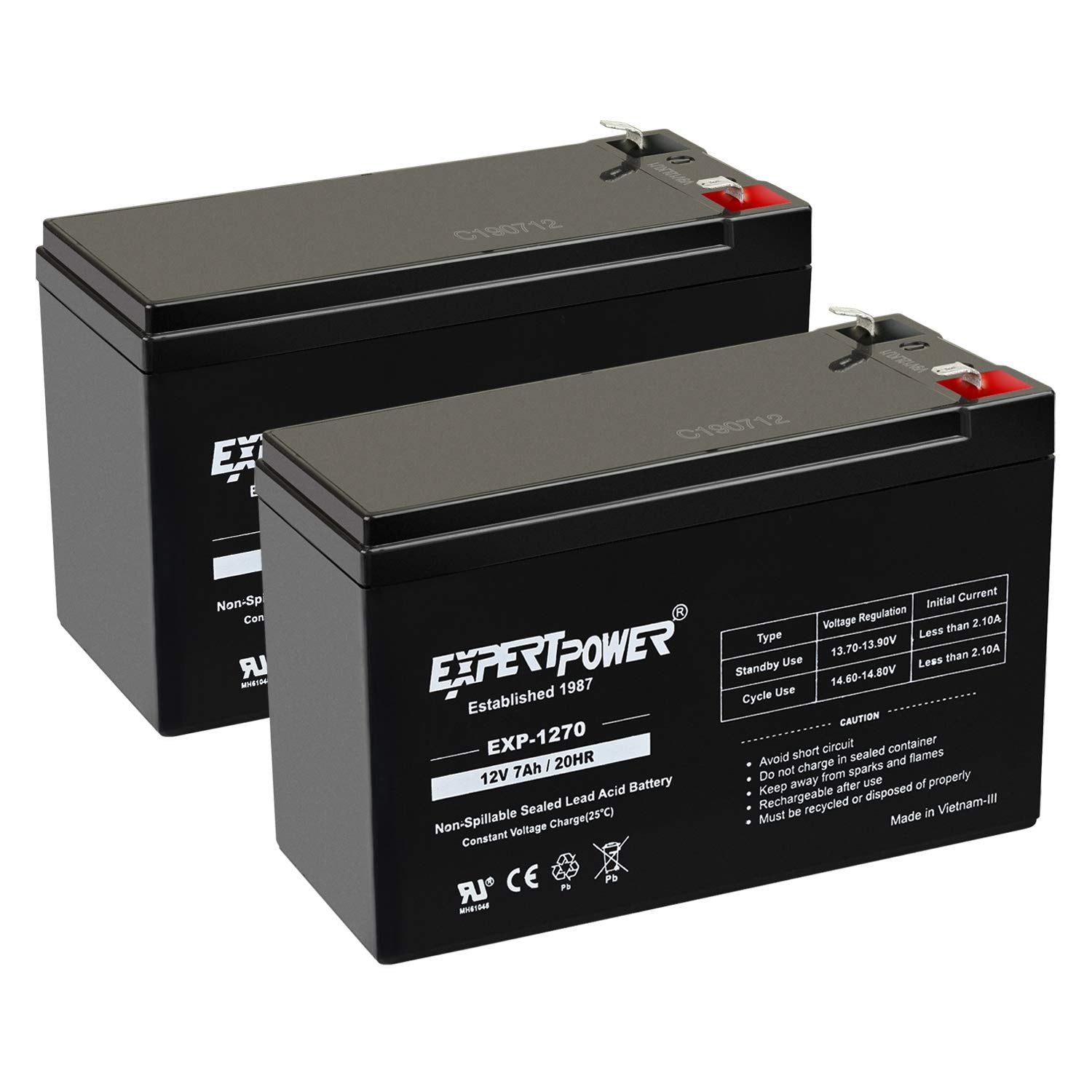 Expertpower Standard 12V 7Ah Rechargeable Sla Battery, (Exp1270-2)