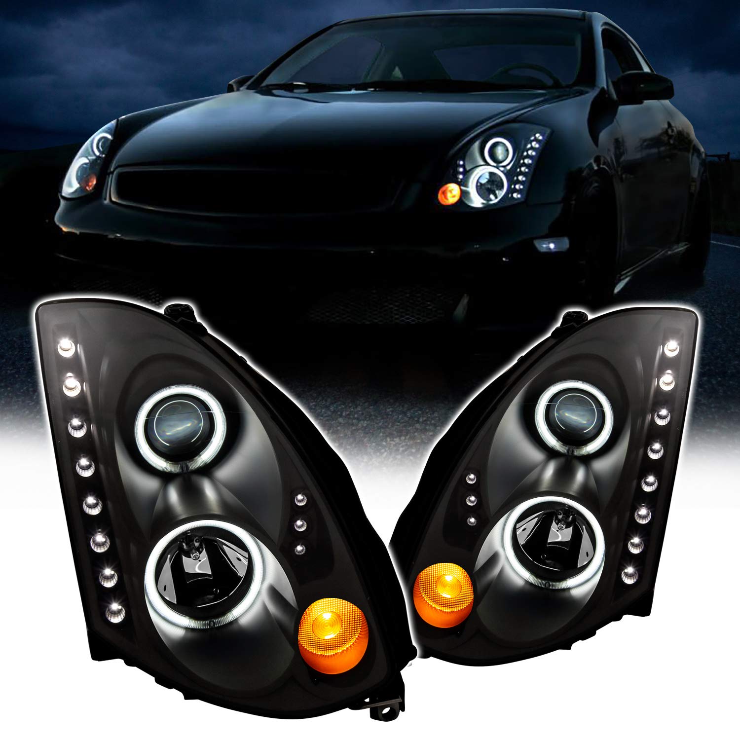 Amerilite Hid Type Dual Xtreme Halogen, Led, Halos Projector Replacement Headlights Pair For 2003-2007 Infiniti G35 Coupe - Passenger And Driver Side, Vehicle Light Assembly, Black