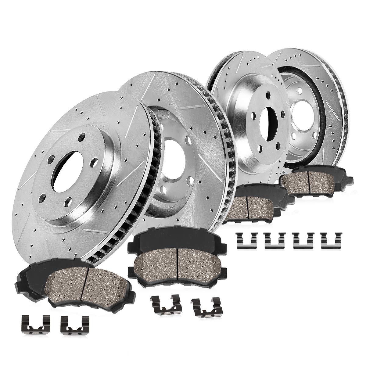 Callahan Brake Parts Front And Rear Drilled Slotted Brake Disc Rotors And Cermaic Brake Pads + Hardware Brake Kit For 1988 - 1995 Chevy Corvette C4