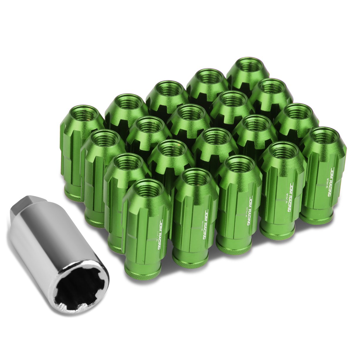 Dna Motoring Ln-Ztl-9025-15-Gn 20Pcs M12 X 1.5 Open End Style Wheel Lug Nuts W/Deep Drive Extension Adapter, 24Mm Od/50Mm H, Green