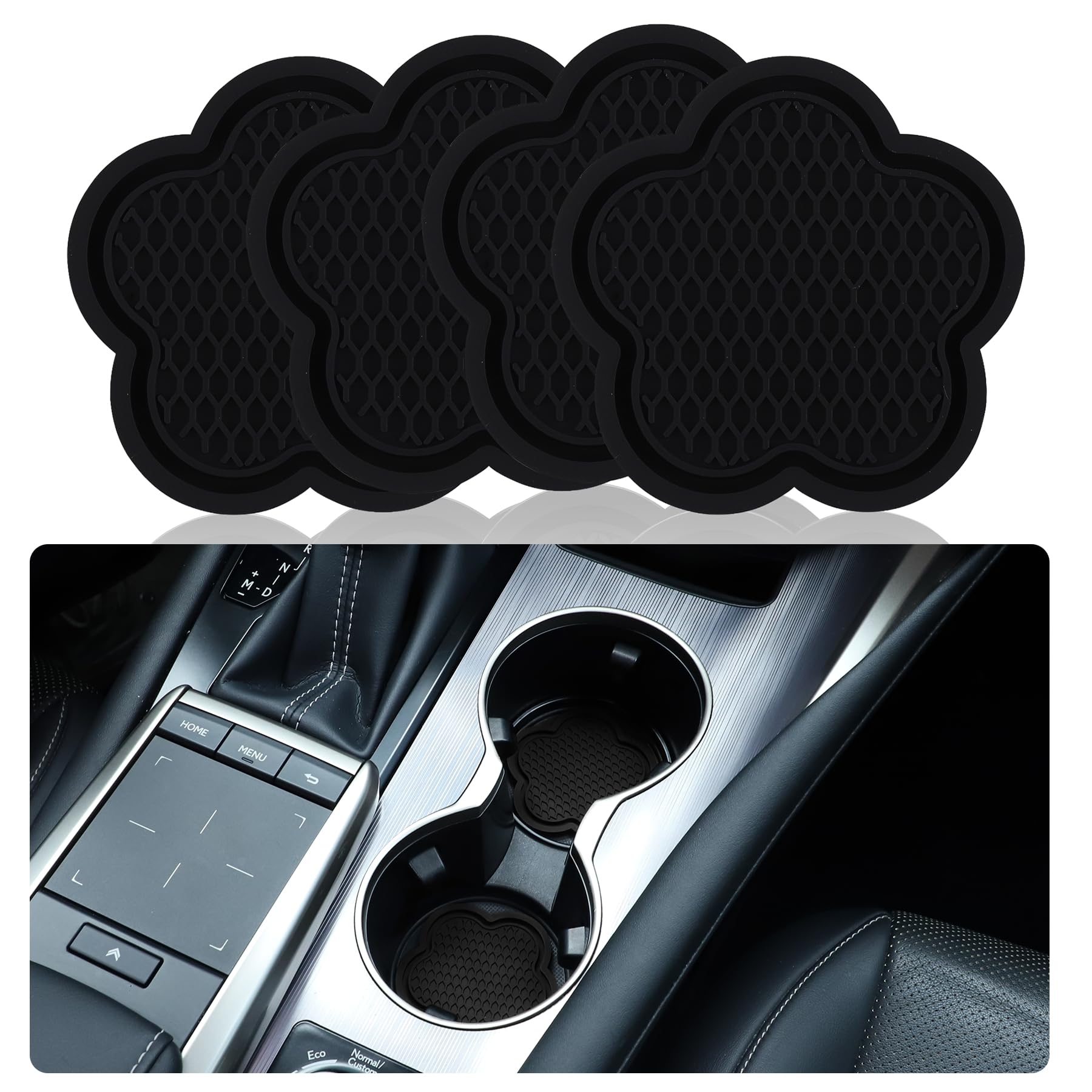Garhomxy Car Cup Coaster, 4Pcs Universal Non-Slip Cup Holder Coaster, Pvc Flower Shaped Car Cup Holder Coaster, Crystal Car Accessories Interior (Black)