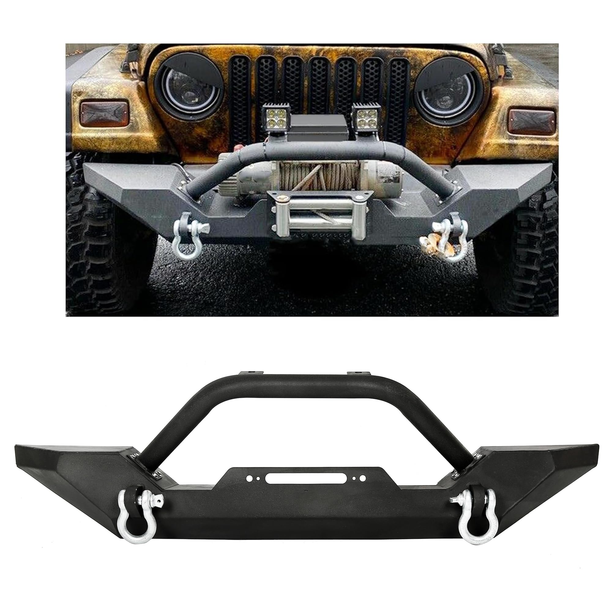 Kuafu Front Winch Bumper Black Compatible With 1986-2006 Jeep Wrangler Tj Yj With D-Rings And 2 Led Lights