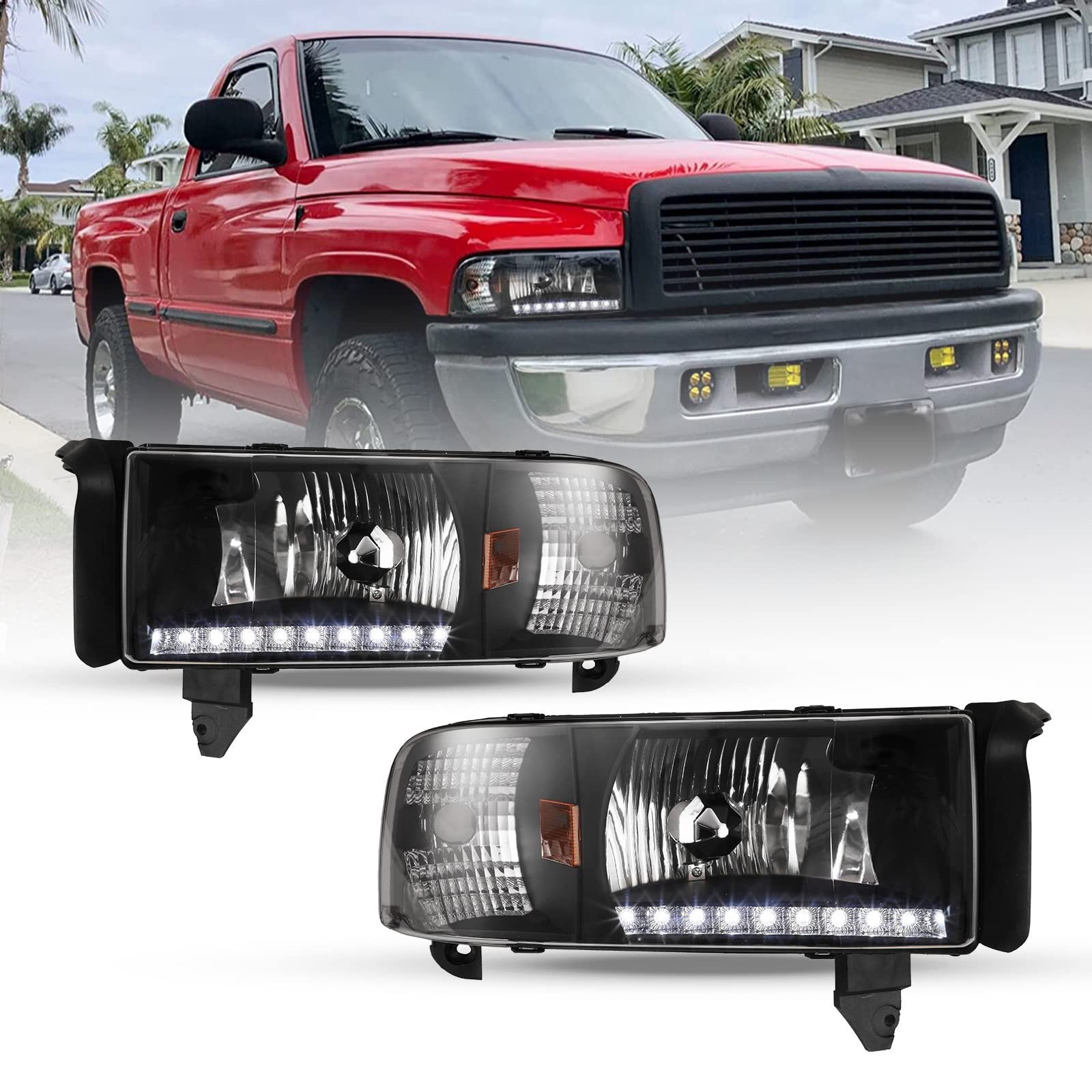 Wolfstorm Headlight For 1994-2001 Dodge Ram 1500/2500/3500 And 2002 Dodge Ram 2500/3500, Headlight Assembly Replacement With Led Light Design