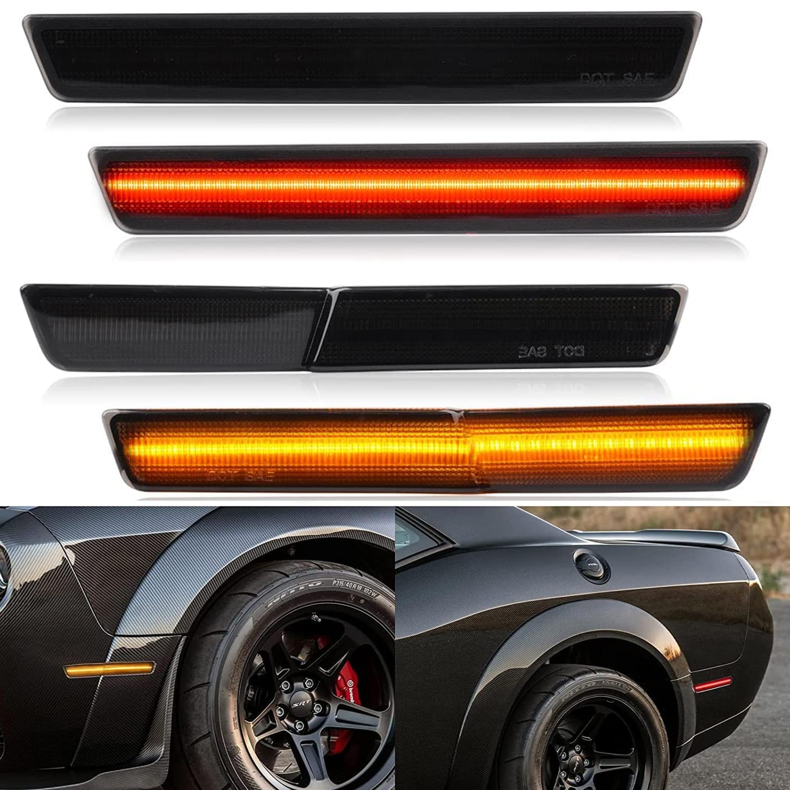 R&F Auto 4 Pcs Led Side Marker Lights Replacement For 2018-2023 Challenger Srt Hellcat, R/T Scat Pack Widebody For Redeye Super Stock Jailbreak Demon Sidemarker Turn Signal Lamps Smoked Lens