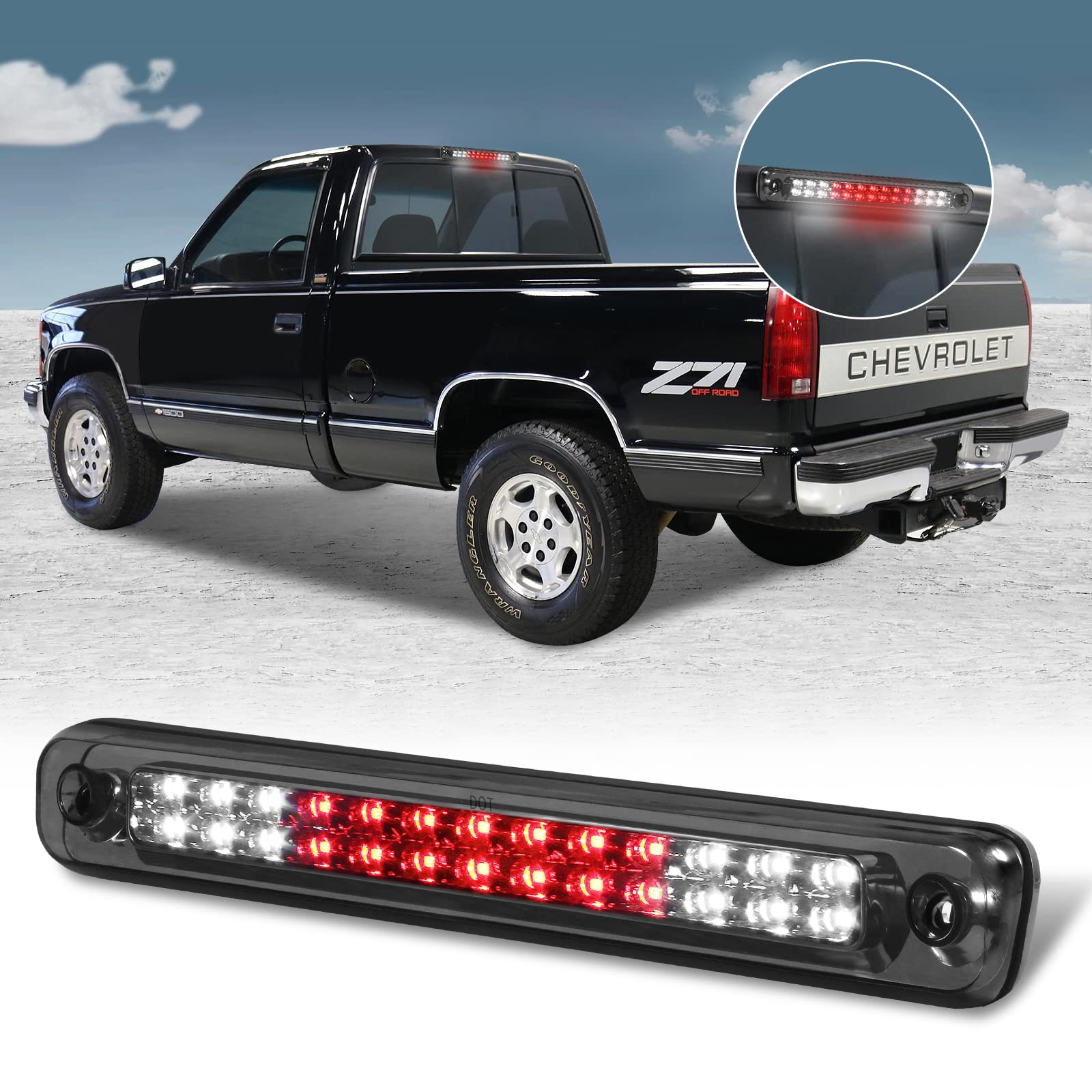 Komas 3Rd Third Tail Rear Brake Light Replacement For 1988 1989 1990 1991 1992 1993 1994 1995 1996 1997 1998 1999 Chevy Gmc C/K-Series Gmt400, Waterproof Dual Row Tail Rear Cargo Light Lamp (Smoke)
