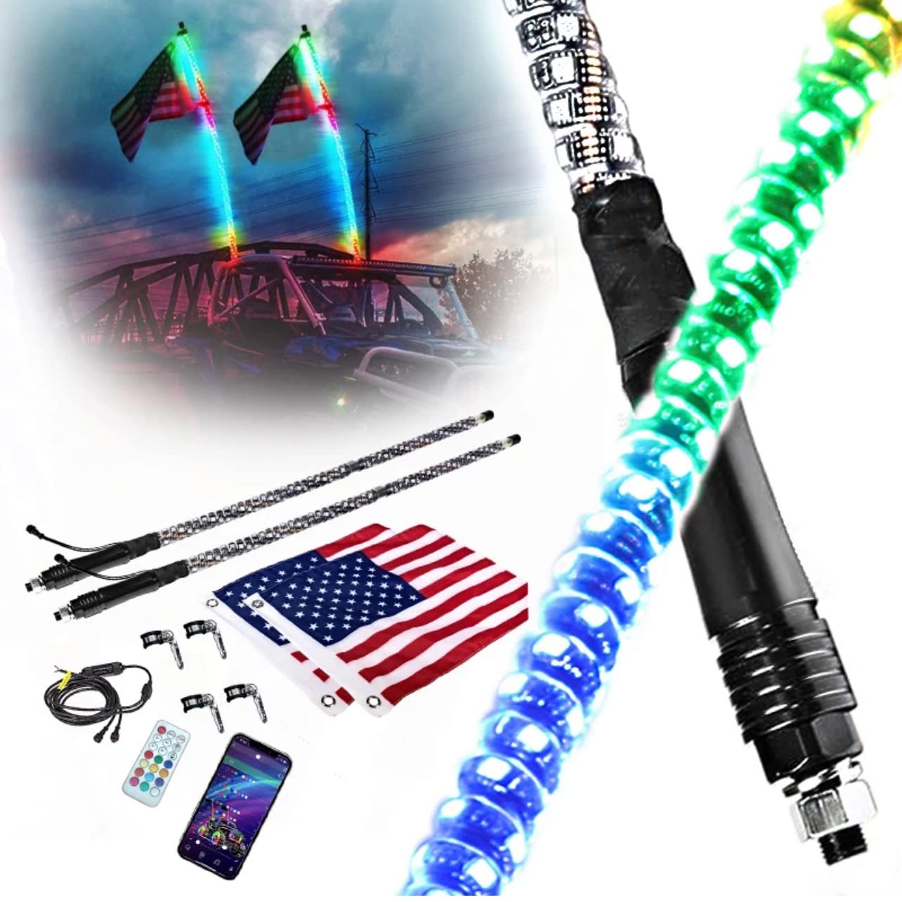 2Pcs 6Ft Led Whip Lights Antenna Flag Pole Quick Release Base For Atv Utv Rgb