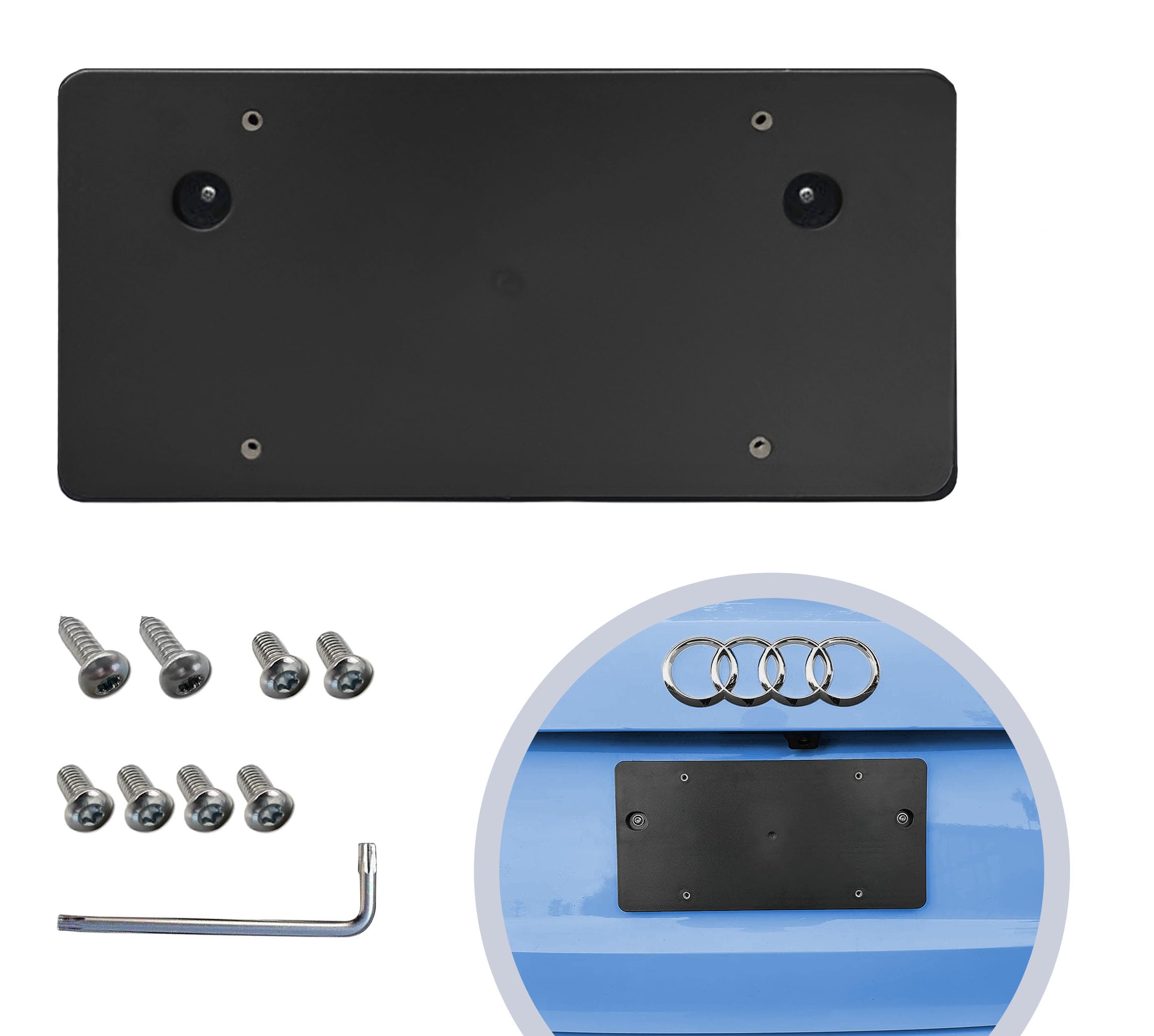 Rear Bumper License Plate Bracket For Audi Q3 2013-2023, Plate Holder Set W 8 Unique Screw Bolts & Wrench Kit, License Tag Mounting Kit, Quality Plate Holders, Premium Car Accessories