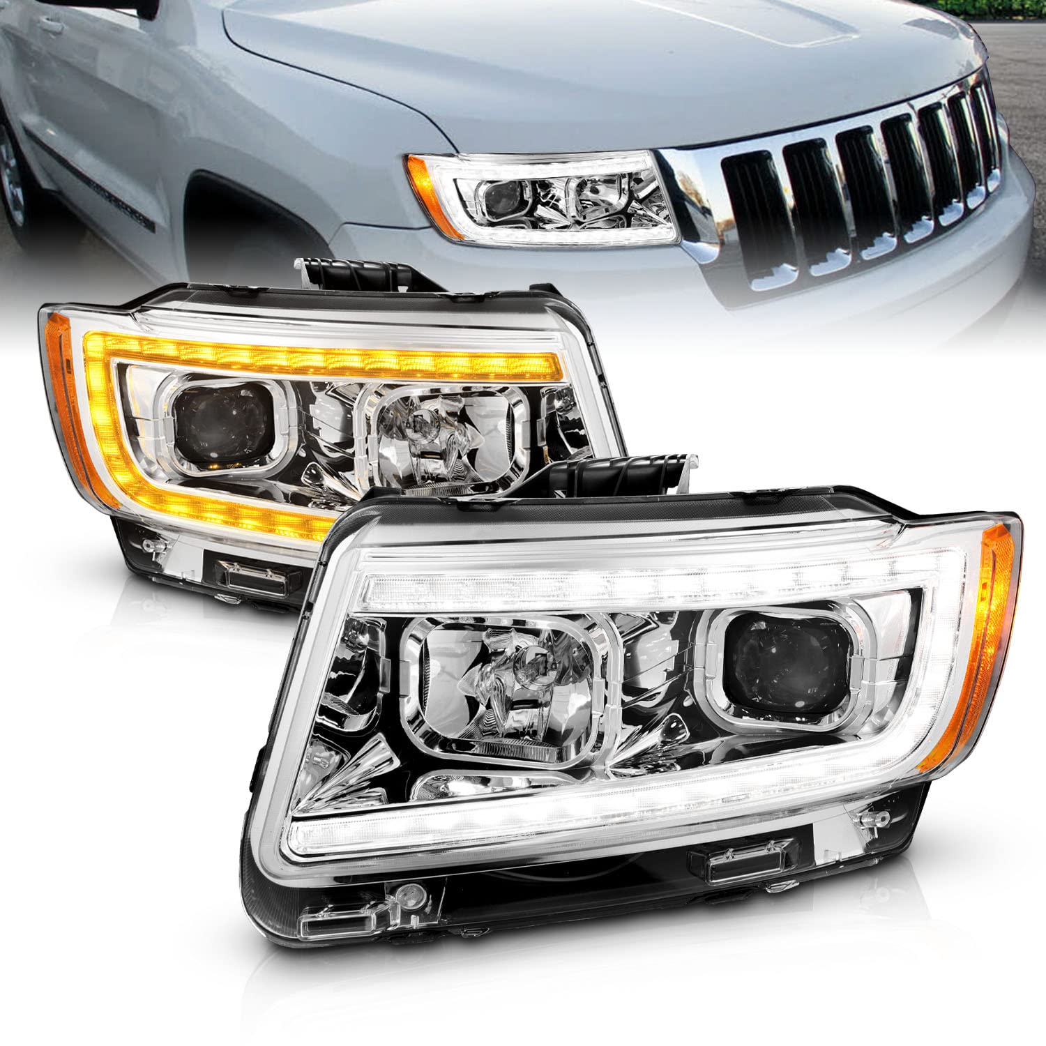 Amerilite For 2011-2013 Jeep Grand Cherokee Wk2 C-Type Led Switchback Tube Chrome Square Projector Headlight Assembly Pair - Passenger And Driver Side