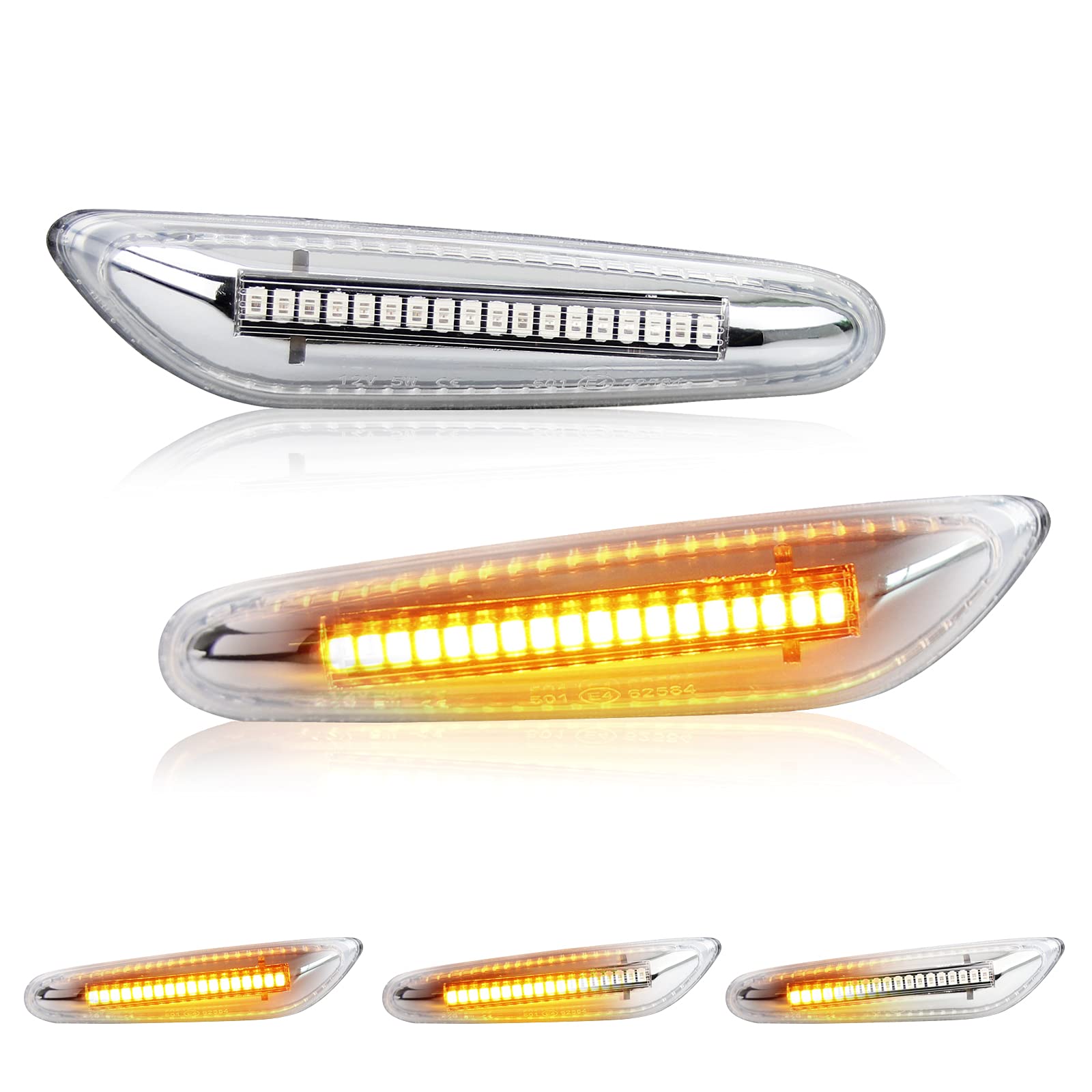 D-Lumina Chrome Sequential Amber Led Side Marker Lights Turn Signal Lamp For Bmw E90 E91 E92 E93 E46 E53 E60 E61 X3 E83 X1 E84 E81 E82 E87 E88 Side Marker Light, Clear Lens Side Marker, Pack Of 2