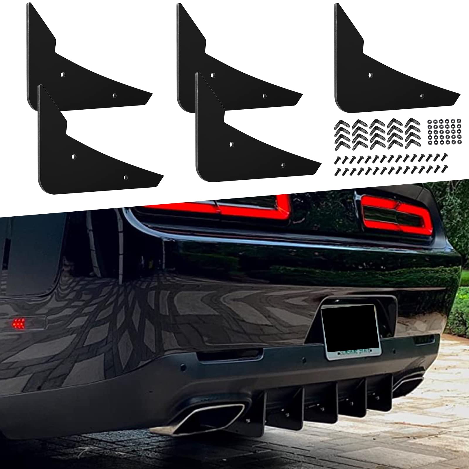 Rear Diffuser 5 Fins V3 Set For Dodge Challenger 2015-2024 Stock Rear Bumper, Black Rear Bumper Diffuser Shark Fin
