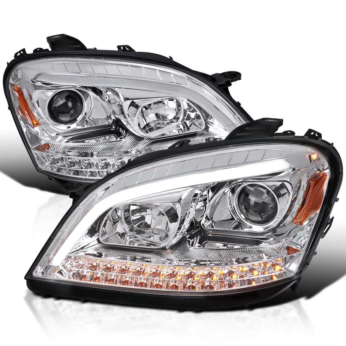 Spec-D Tuning Chrome Projector Headlights W/Led Sequential Signal Compatible With 2006-2008 Mercedes Benz W164 Ml350 Ml500 Ml-Class, Left + Right Pair Headlamps Assembly