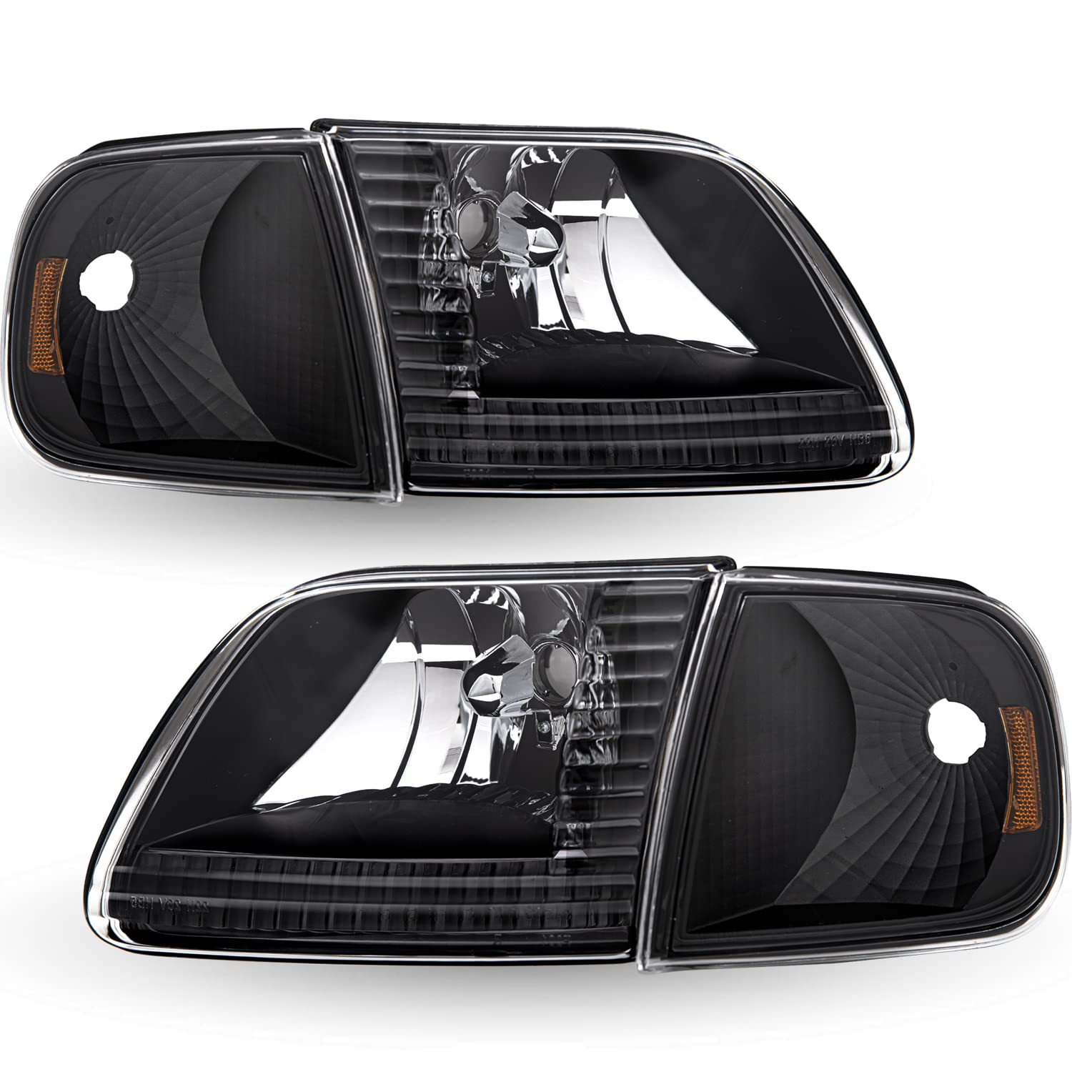 Tusdar Headlight Assembly Compatible With 97-03 Ford F150 / 04 Ford F150 Heritage / 97-02 Ford Expedition / 97-99 Ford F250 W/Corner Lights 4Pcs, Black Housing With Amber Reflector