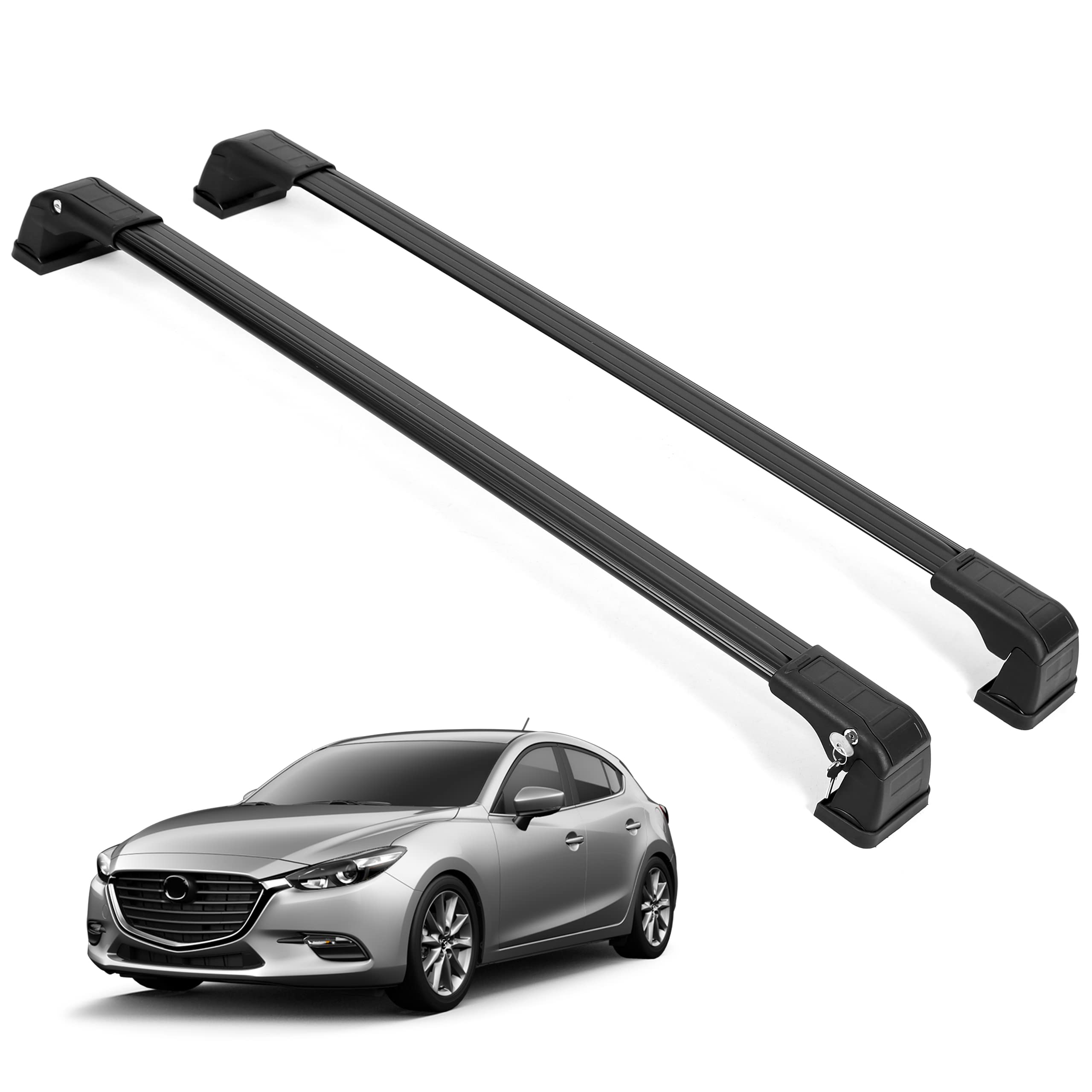 Erkul Heavy Duty 220 Lbs Roof Rack Cross Bars For Mazda 3 2014-2025 | Aluminum Crossbars With Anti Theft Lock For Rooftop | Compatible With Fixed Points Roofs - Black