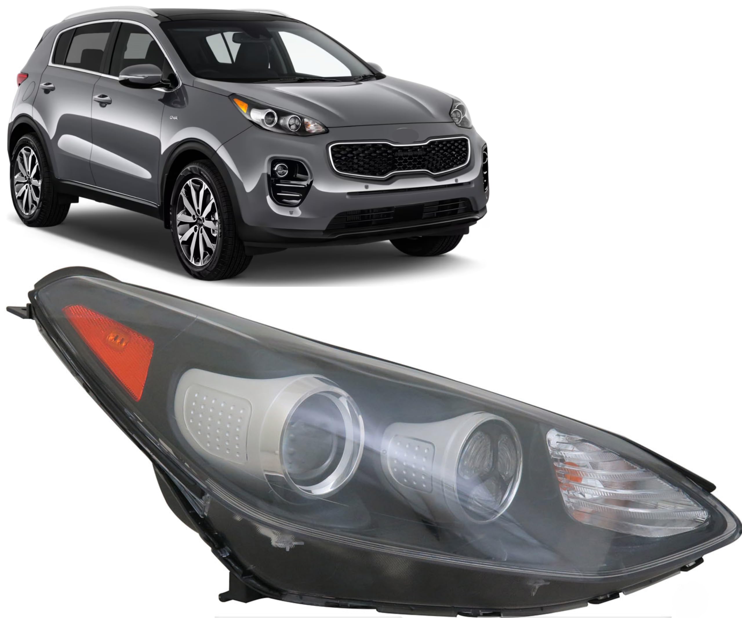 Alligator Auto Lights Headlamps Replacement For Kia Sportage Fwd 2017-2021 Dot/Sae Compliant Halogen Headlamps With Led Drl And Bulbs Right/Passenger Side Partslink: Ki2503198 / Oem: 92102-D9111