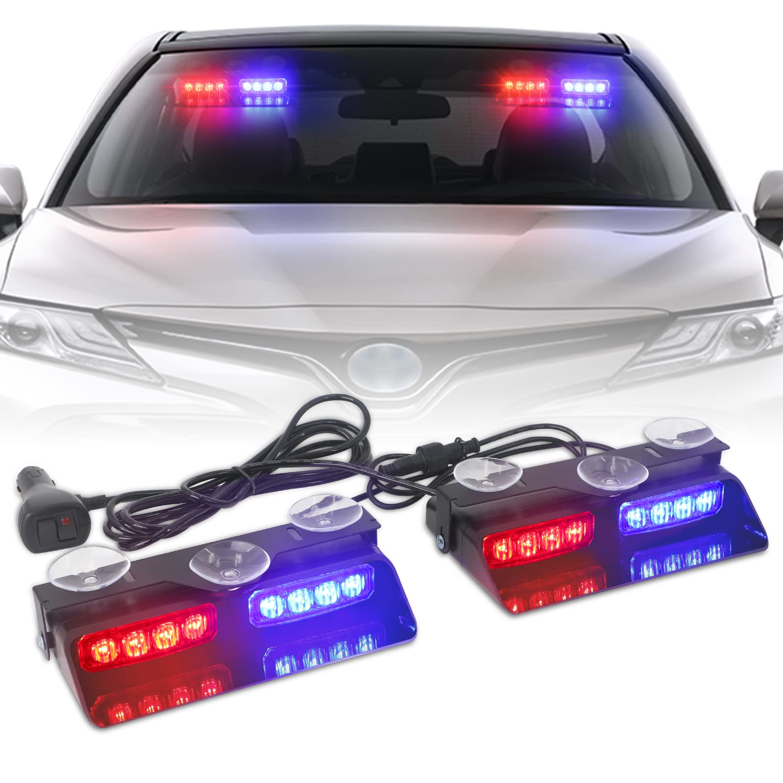 Xridonsen 2 In1 Dash Emergency Strobe Lights Interior Windshield Red Blue Warning Safety Flashing Police Lights Law Enforcement W/Suction Cups For Volunteer Vehicles, Trucks (2×7.16 Inch, 16 Led)