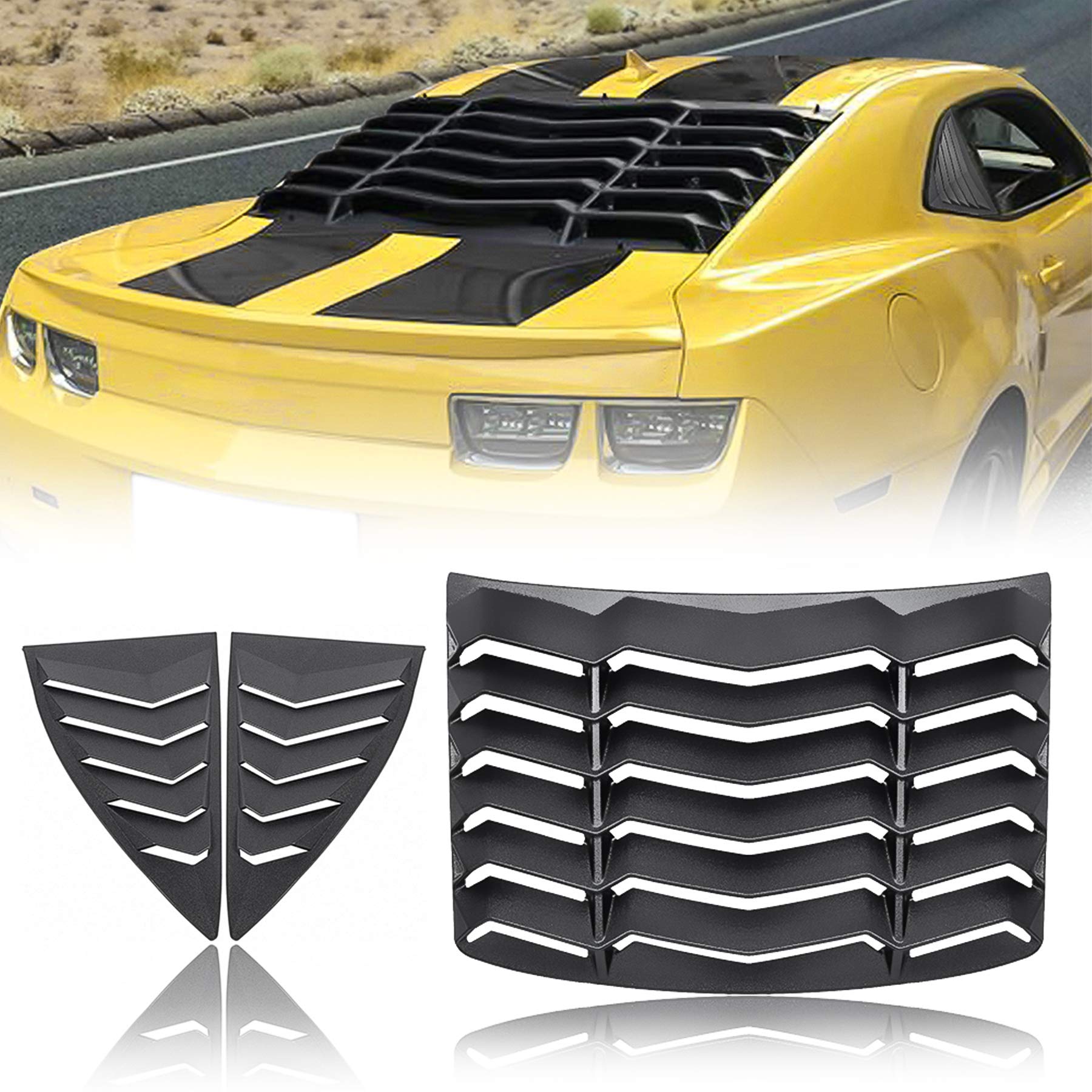 Window Louvers 2010-2015 Rear+Side Set Sun Shade Windshield Cover Matte Black Compatible With Chevrolet Chevy Camaro 2010 2011 2012 2013 2014 2015